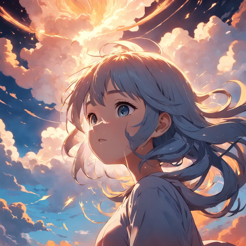 masterpiece, best quality, movie still, 1girl, cloud girl, floating in the sky, close-up, bright, happy, warm soft lighting, sunset, (sparks:0.7)