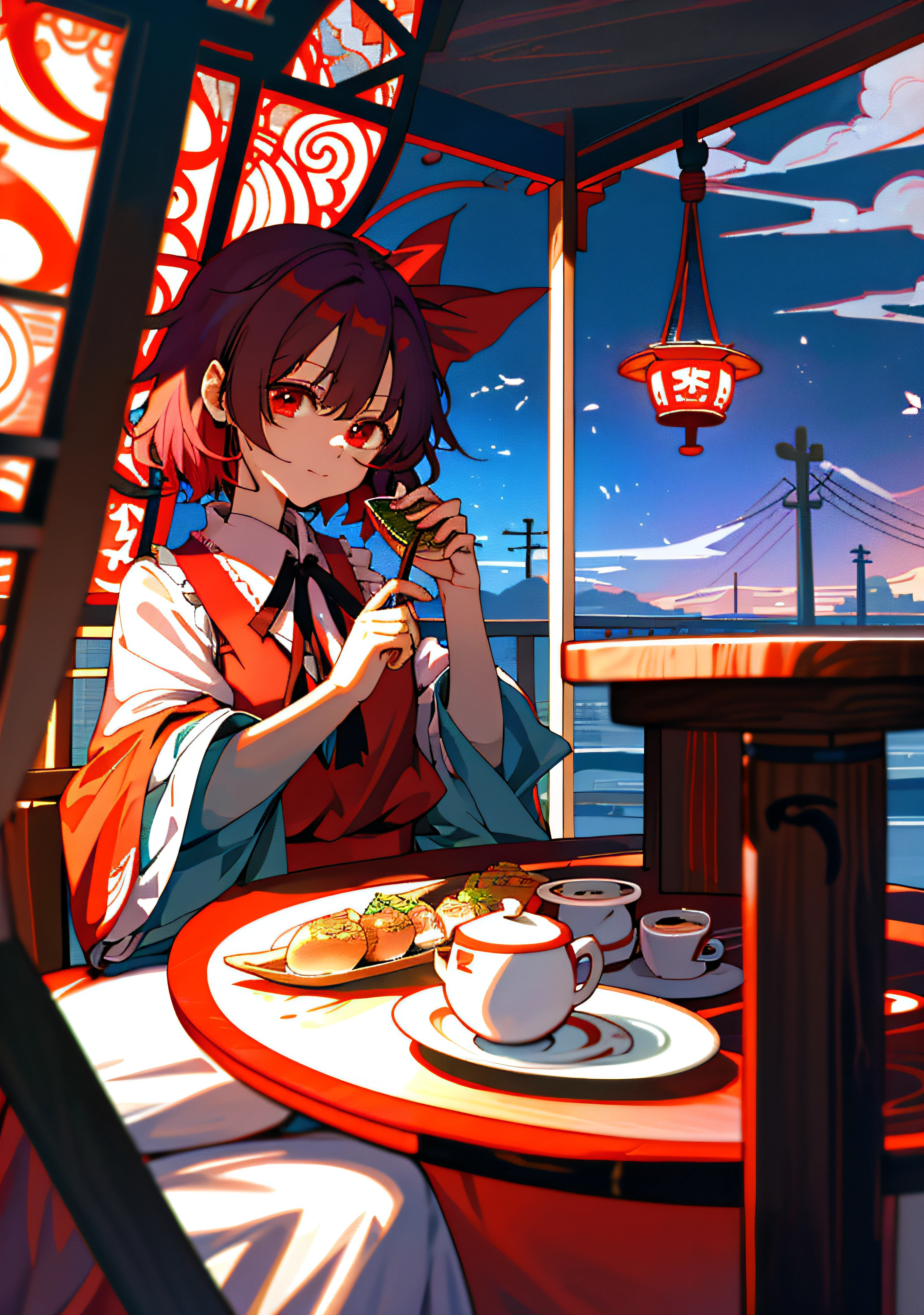 Anime girl sitting at table,Holding a plate of food and flowers, Loli, from touhou, mysterious coffee shop girl, author:Uesaka Seka, anime art nouveau, Touhou, touhou project, korean art nouveau anime, touhou project official artwork, author:Kikukawa Sakaeyama, lofi-girl, romanticism lain,a warm color palette