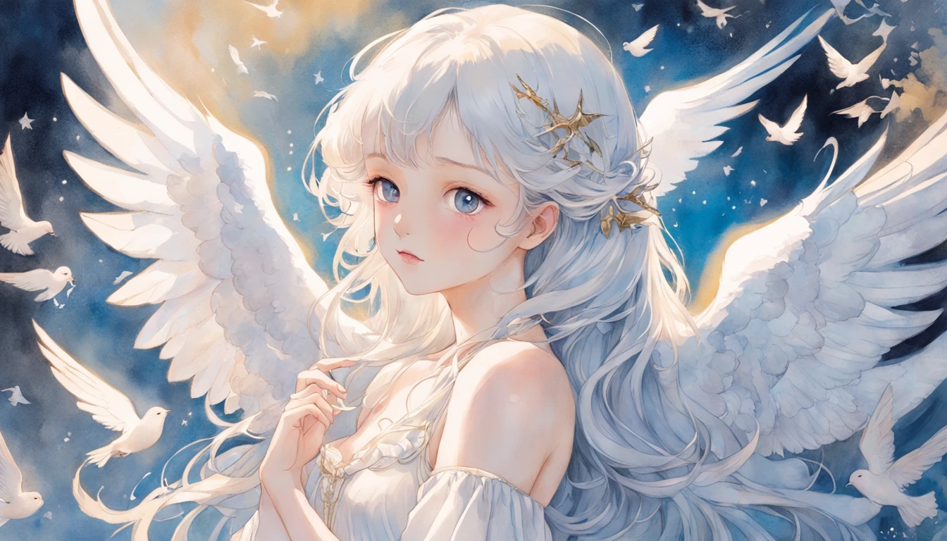 a drawing,The painting depicts a woman with white wings and a dove, inspired by Miho Hirano, watercolor detailed art, author:Mary Angel, inspired by Naoko Takeuchi, inspired by Marie Angel, Alphonse mucha and rossdraws, ethereal fairytale, Inspired by Rebecca Gay, trending on artstration, watercolor colored painting, Watercolor illustration style, goddess of love and peace, Mysterious, Club, Futago, GoPro view, Texturing, High contrast, game icon, Bohemian colors, McBling, x-ray lighting, Super detailed, photorealistic materials, interior design, V-Ray render, 4k