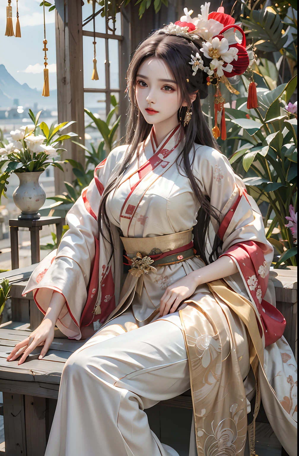 An Arapei woman in a kimono sits on a bench in the garden, Palace ， A girl in Hanfu, Hanfu, Wearing ancient Chinese clothes, with acient chinese clothes, White Hanfu, Guviz, a beautiful fantasy empress, wearing ornate silk clothes, Chinese costume, Traditional beauty, Traditional Chinese clothing, ((a beautiful fantasy empress))
