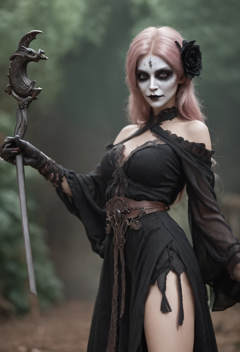 The goddess of death protects the cute masked maiden shrouded in black mist,wielding scythe,Emerge from the swirling shadows.Stand at the graveyard of forgotten souls.(Light brown and light pink striped hair:1.3,),Perfect face,Proper body proportion,masutepiece,Ultra-high quality output images,超A high resolution,Intricate details,Very delicate and beautiful hair,photographrealistic,Dreamy,Professional lighting,realistic shaded,solofocus,Beautiful hands,Beautiful fingers,Detailed finger features,detailed clothes features,Detailed hair features,Detailed facial features,