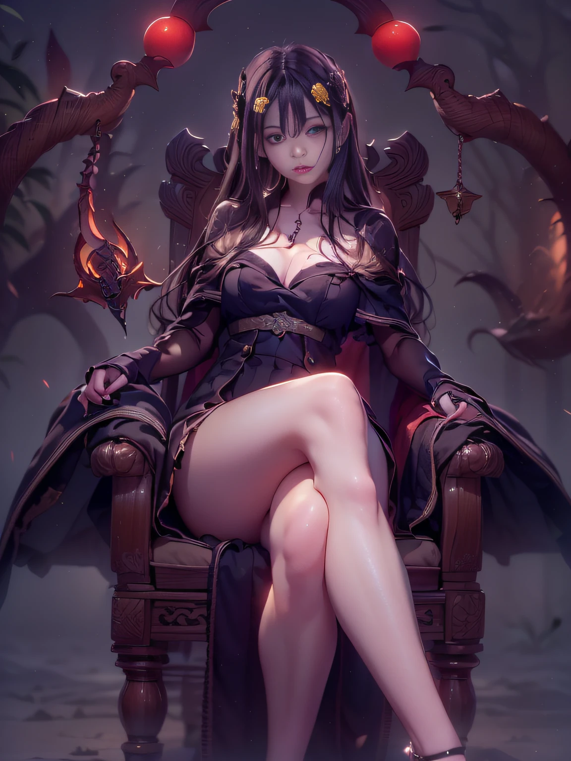 masutepiece, ccurate, Anatomically correct, Textured skin, Super Detail, high details, High quality, awardwinning, Best Quality, hight resolution, 8K，Female vampire queen sitting on a chair、Black aristocratic gothic dress、Royal Black Dress，blackdress，Queen's Crown，((In her right hand is the Grim Reaper's scythe))，Red moon peeking through the clouds、(The vampire glares at the enemy from the chair)，Do not take off your clothes、Do not expose your breasts，wide Shots、Angry look，((small tits:1.8))，Demagogic smile、sharp and long double teeth、Color makeup，Lowered eyebrows、Whitening effect，((A look tinged with joy))，((Ephemeral woman))，slim figure,extremely detailed eye and face、beatiful detailed eyes,Beautiful skins,The brilliance of details、The brilliance of details，smooth hair，detailed hairs，Very fine hairs ,Thin leg,skinny thigh,extremely beautiful legs,Thin leg，Moonlight，(Cold color lighting)，Night，(Glowing red eyes:1.6)、Bat Wings,light, milky skin，Gothic horror，