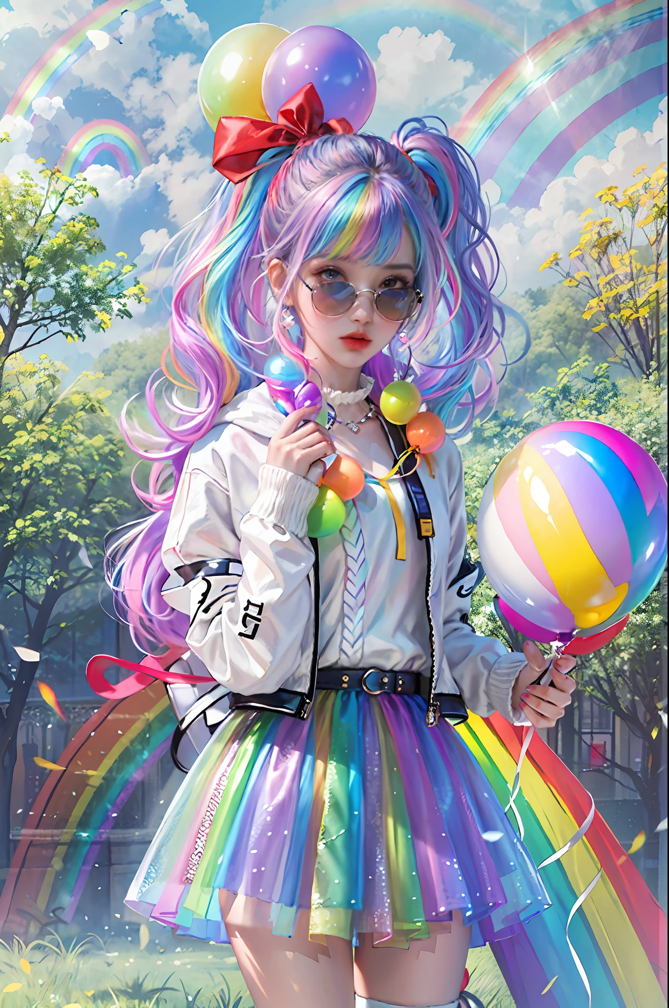 masterpiece, best quality, 1 girl, pretty and cute, (rainbow color Highlight Hair,colorful hair:1.4), wearing blue and purple sunglasses, yellow jacket with white pattern, white sweater, many colored balloons, doll face, ponytail braid, perfect detail eyes, delicate face, perfect cg, HD quality, colored balloons, sky ,black boots