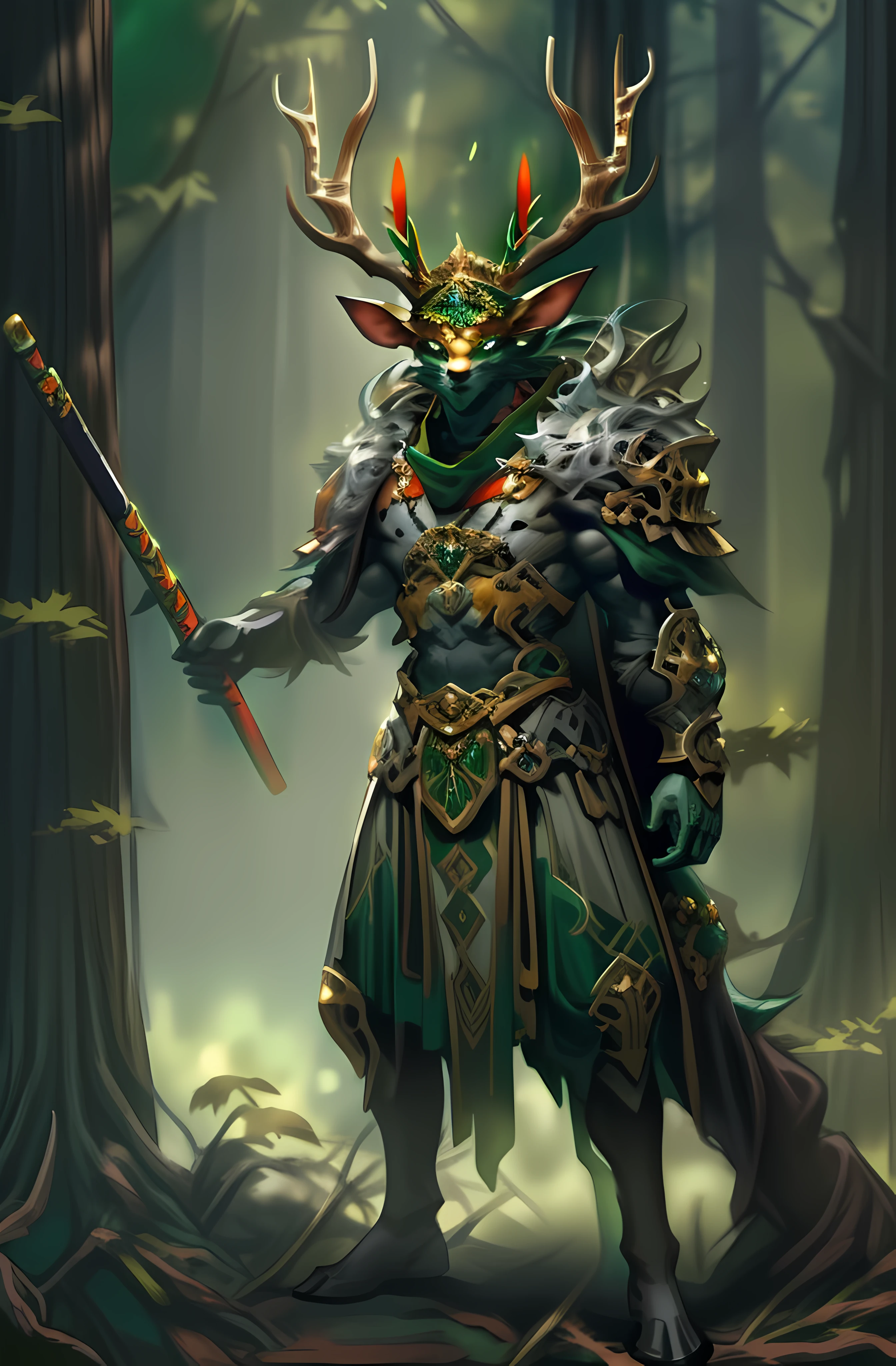 Deer warrior, Full body like,Close-up of a deer warrior holding a sword in the forest, Determined eyes,Fierce,Armour,(Strong body,Wide shoulders,musculature:1.4),Ancient mythology,Divine light effects,(The body is covered with fur),cernunnos, God of the forest, highly detailed fantasy art, Celtic antler god, redwood forest themed armor, wearing a crown made of antlers, detailed fantasy art, an anthropomorphic deer, horned god, hyper-detailed fantasy character, anthropomorphic deer, Fantasy art in 4K,Full body standing painting,Fantasy setting, character concept, character art, Character portrait, Cartoon, Best quality, Best resolution, 4K, Vivid colors, Vivid, High detail, best detail, confident pose, extrovert, look from down, (High detail:1.1) ,unreal-engine,tmasterpiece,best qualtiy,Best resolution,32K