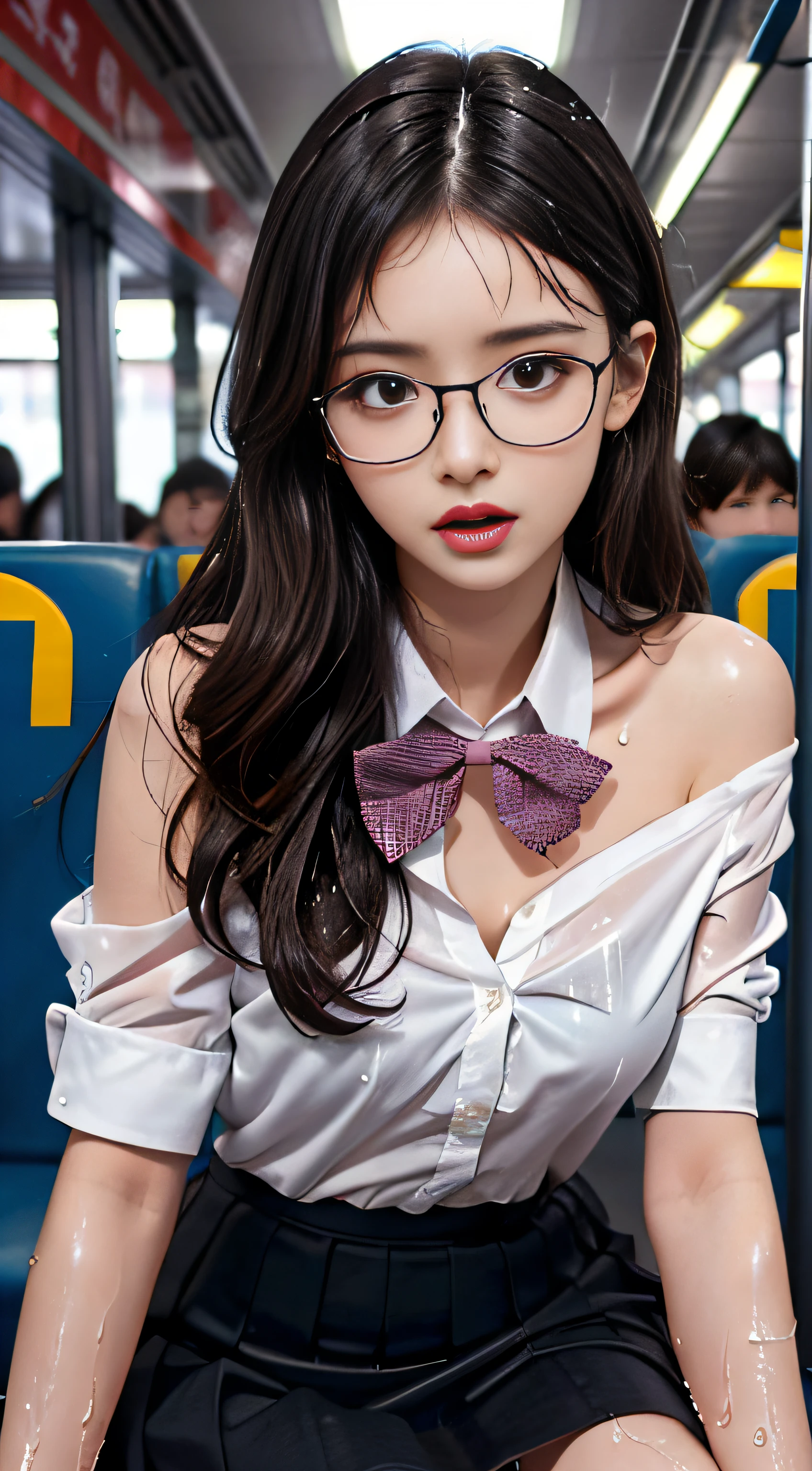 (((Super cute extreme exhibitionist girl on a crowded train)))..((Wearing bow tie and white swooping open shirt(off shoulders))((Black tight skirt、(up skirt)): 1.5.)) 40k, Photography, masutepiece, Best Quality, dark grey background, ((1 Gorgeous bright-haired girl with beautiful eyes, She wears glasses on her beautiful face, )). White skin, Poses variadas、(((Stick your butt out this way)))、(((Lift your butt、Schoolgirl getting on all fours)))((posterior view))((stick out buttocks))((Beautiful breasts :1.1)), 0p、mix4, realisitic、Photorealsitic:1.37)、)、(Kpop Idol)、(Pink blush)、 (Slim legs)、erotick、nffsw、Highly detailed ambient occlusion、Natural and harmonious composition、fine-art photography、 Exposed crotch, exposed lower abdomen, Best Quality, masutepiece, Ultra high definition, (Photorealistic:1.4), Raw photo, (perfect body type), (slim:1.3), Slim abdomen, Perfect slim figure, Dynamics, (((Full-figured :0.9))), Unobtrusive, Cold Light 12000K, Highly detailed facial and skin texture, Detailed eyes, Realistic eyes, Beautiful detailed eyes, (Realistic skin), Attractive, 超A high resolution, A hyper-realistic, Highly detailed, (yawning), (((exhibitionism))), ((she is soaking wet)).Lower body slender