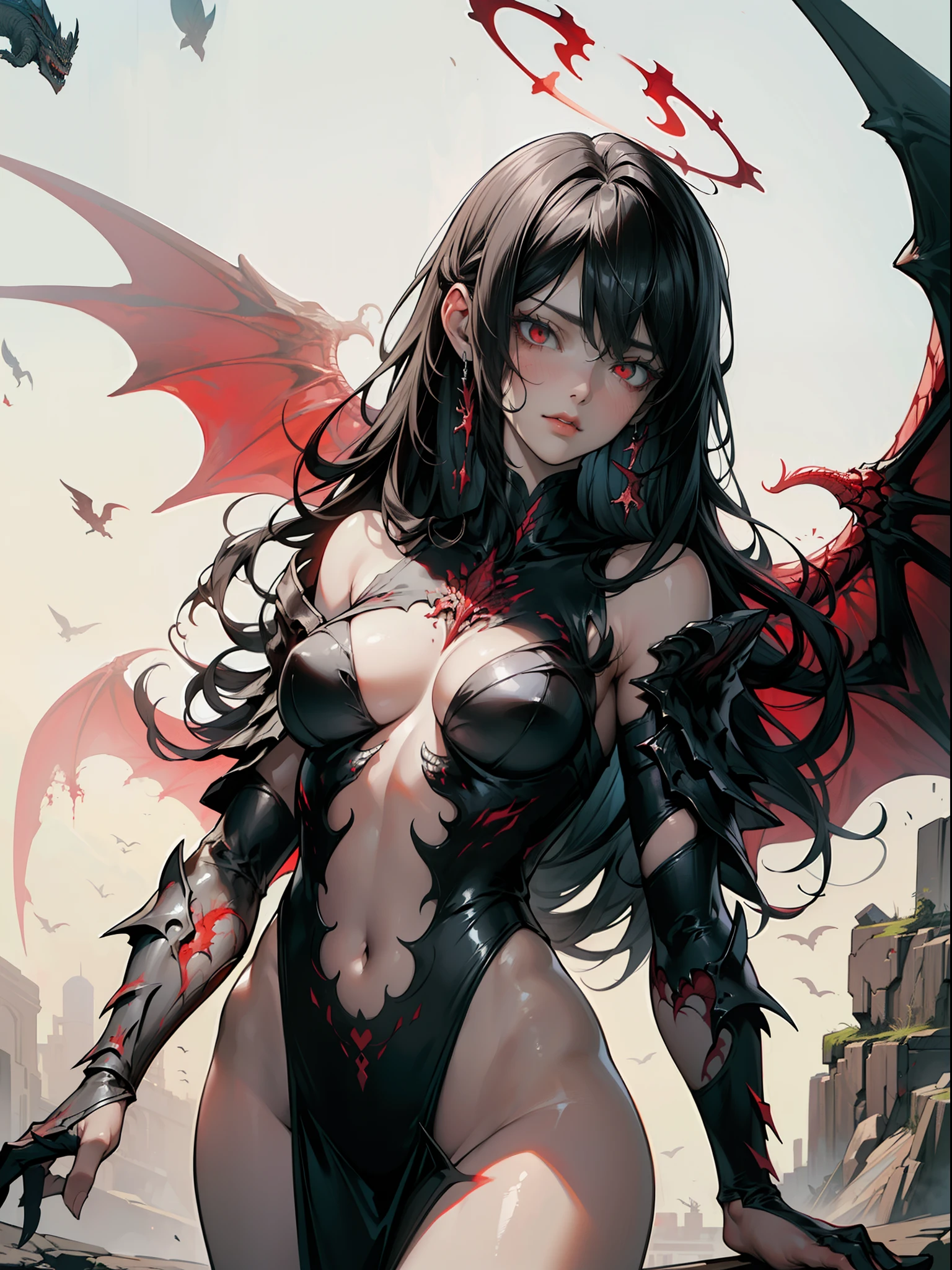 ((sfw)),(masterpiece, best quality), 1lady, solo, (white Scales, scaly body), halo, wings,fallen angel, black hair, loose waves, red eyes, (dragon, art by hermann nitsch, zdzislaw beksinski, dariusz zawadzki, giger)