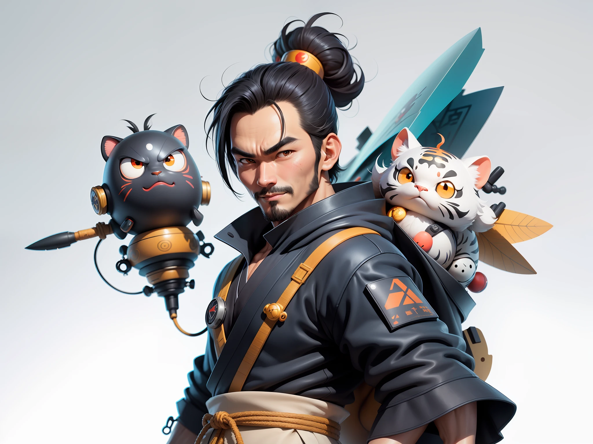 (Daisaku),(Need),(Super meticulous),(full bodyesbian:1.2),Super young man with Japanese geisha,Beautiful,orient,one tiger,Aeolian Thor,Raised sexy,爆乳,Oriental face,TV Anchor,Bust portrait illustration,In black suit,a blue tie,The face is slightly chubby,The face was clean,without a beard,Black super short hair,Black eyes,Smile confidently,3C computer sub-products,iPad, iphone,Digital painting,3D character design by Mark Clairen and Pixar and Hayao Miyazaki and Akira Toriyama,The illustration is a high-definition illustration in 4K resolution,With very detailed facial features and cartoon-style visuals。