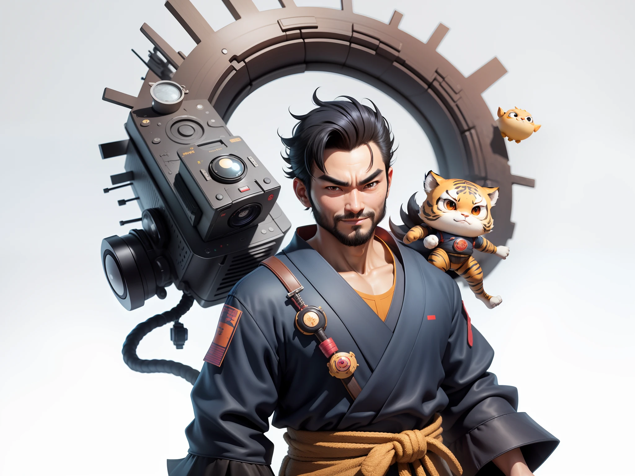 (Daisaku),(Need),(Super meticulous),(full bodyesbian:1.2),Super young man with Japanese geisha,Beautiful,orient,one tiger,Aeolian Thor,Raised sexy,爆乳,Oriental face,TV Anchor,Bust portrait illustration,In black suit,a blue tie,The face is slightly chubby,The face was clean,without a beard,Black super short hair,Black eyes,Smile confidently,3C computer sub-products,iPad, iphone,Digital painting,3D character design by Mark Clairen and Pixar and Hayao Miyazaki and Akira Toriyama,The illustration is a high-definition illustration in 4K resolution,With very detailed facial features and cartoon-style visuals。