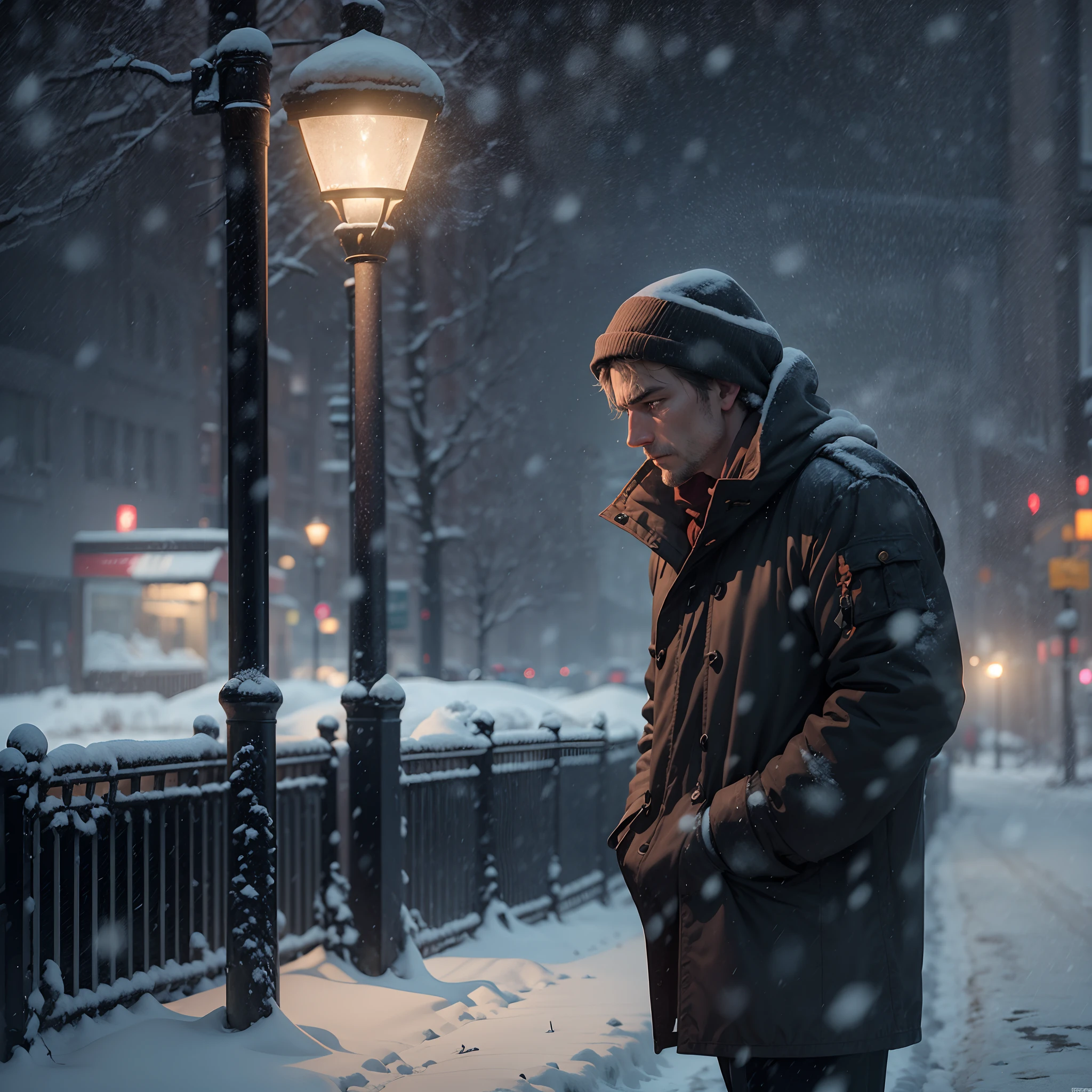 In this somber and wintry scene, we have a man standing near a bus stop, waiting for a bus in the midst of a snowstorm. The man is dressed in a hoodie, seeking some warmth and protection from the cold weather. The snow falls gently around him, creating a melancholic atmosphere.

The man's posture and expression reflect a sense of sadness or contemplation. He might have a downward gaze, his shoulders slightly hunched, and his face marked with a hint of longing or introspection. The combination of the snowy weather and the man's demeanor adds to the overall mood of the scene.

The environment is engulfed in the winter landscape, with snow covering the ground and the surrounding area. The bus stop might be partially covered in a layer of snow, with the bus shelter providing a small refuge from the falling flakes. The soft glow of streetlights or nearby buildings may illuminate the scene, casting a gentle and moody light on the man and his surroundings.

The composition of the image could capture the man in a mid-shot, emphasizing his presence and isolation against the wintry backdrop. The falling snowflakes could create a sense of movement and depth, adding a dynamic element to the scene.

This scene evokes a sense of solitude and reflection, capturing a moment of longing and anticipation in the midst of a snowing winter day.