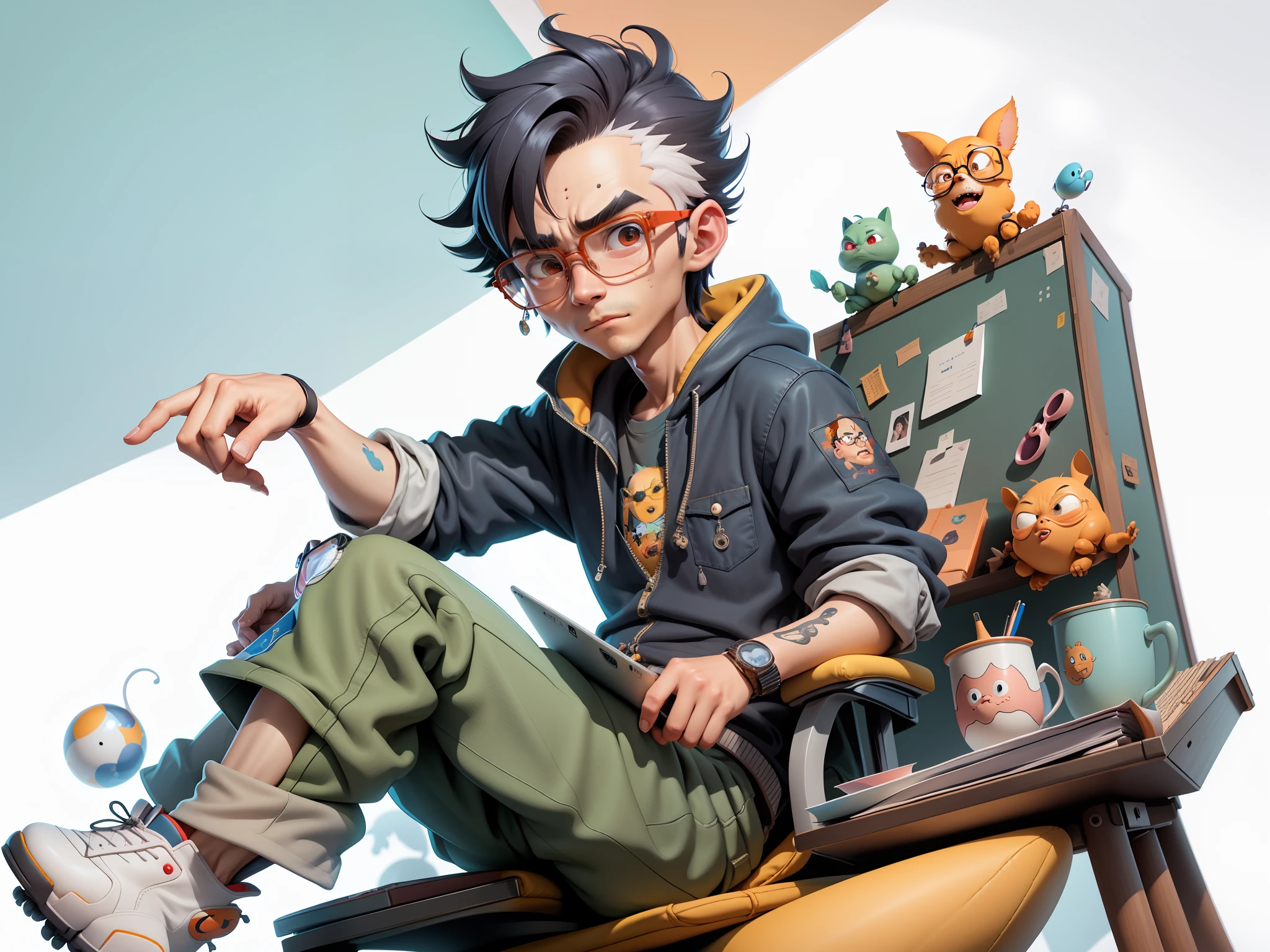 A young man with glasses sits at his desk,holding laptop,digitial painting,3D character design by Mark Clairen and Pixar and Hayao Miyazaki and Akira Toriyama,4K HD illustration,Very detailed facial features and cartoon-style visuals。
