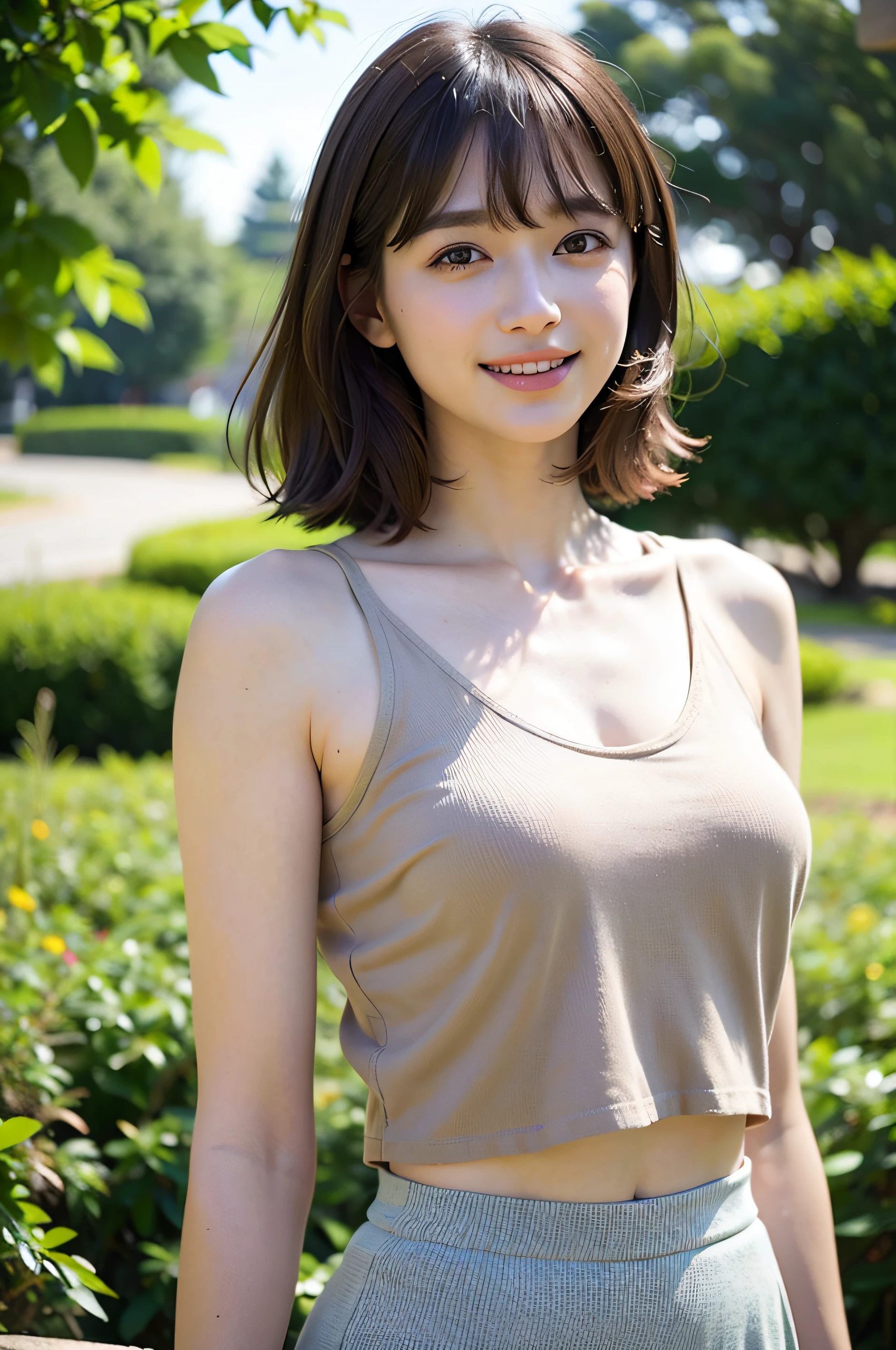(Raw photo, Best Quality), (Realistic, Photorealsitic:1.3), masterpiece, Extremely delicate and beautiful, Soft light, (Brown hair, Short hair swaying in the wind, Bangs), Beautiful detailed girl, (Detailed fingers), extremely detailed eye and face, beautiful detailed nose, Beautiful detailed eyes, 1 girl, Japanese, Neat and clean beauty, Cute, 年轻, Smile, Tank top, Skirt, (Half body:1.3), (medium breasts), Realistic face, Realistic body, Outdoors