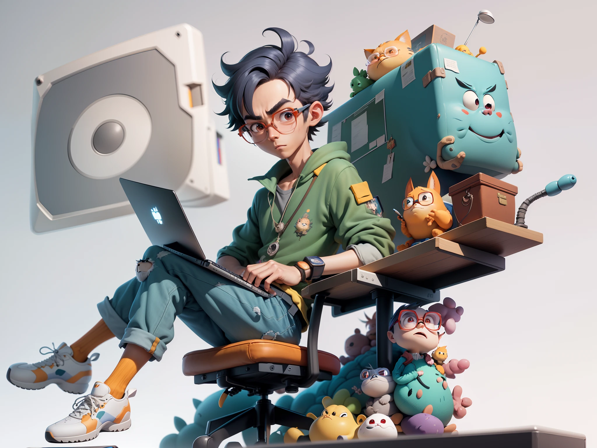 A young man with glasses sits at his desk，holding laptop，digitial painting，3D character design by Mark Clairen and Pixar and Hayao Miyazaki and Akira Toriyama，4K HD illustration，Very detailed facial features and cartoon-style visuals。