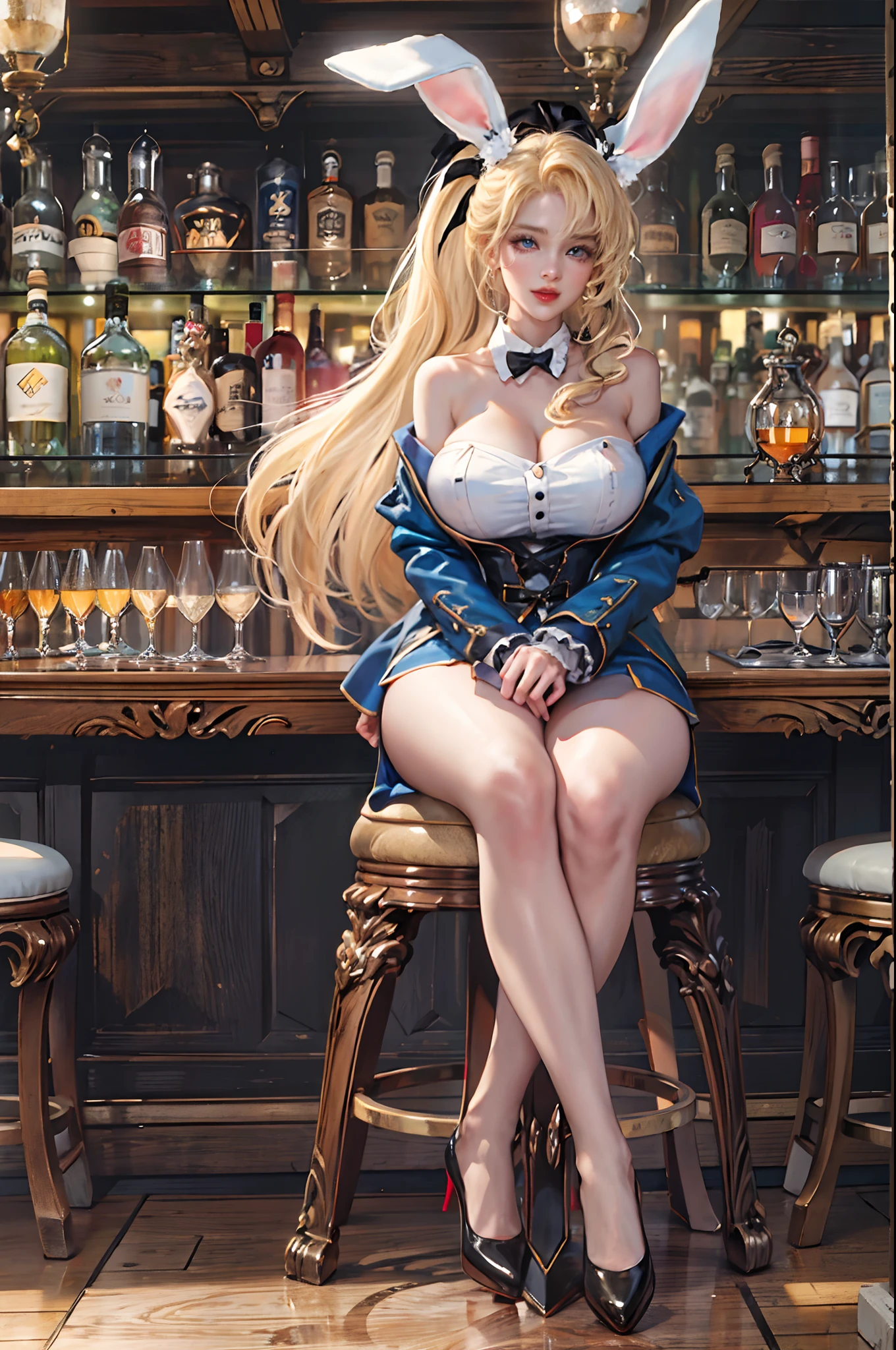 (best quality),(masterpiece), (High targetres), The original, extremely_detailed_wallpaper, ((1 female)), sit one bar chair,rabbit_ear,(hair_Decorations), (Huge breasts:1.2),full Body, beautiful_detailed_Eye, (Blonde_hair), long_hair, (long_Ponytail), blue_Eye, (Tempting_Smile), ((Beautifully_Face)), leave_Shoulder, _rabbit, Black_Pantyhose, High target_High heel,bar, ((Oil_skin:1.2)),(full_Body)