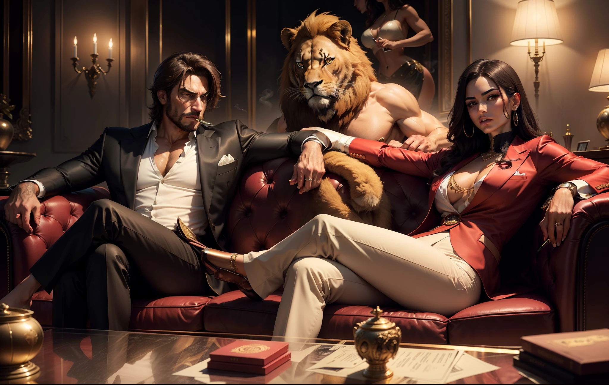 rich handsome man, sitting on sofa with women , lots of cash, cigar smoking, furious lion in background, rich, money on table