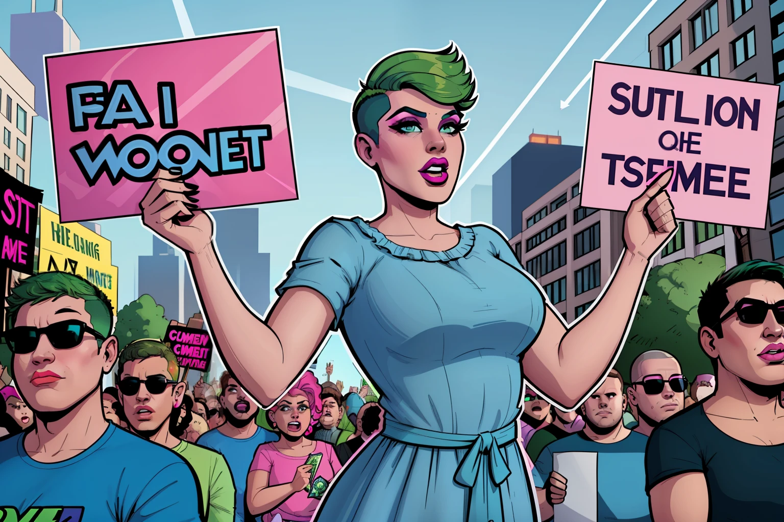 protest, drag queen, wearing a maxi dress, protesting, crowd, short buzz cut green hair, fat, wearing a blue shirt, city street, people wearing pink and blue clothes, comic book style, flat shaded, prominent comic book outline linework