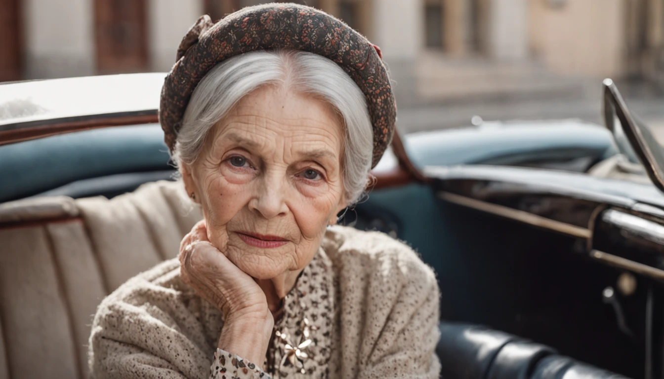 Nostalgic Elegance
Capture a confident OLD-aged WOMAN in the midst of the 1970s era. The fashion, furniture, and architecture should ooze the essence of that time. Enhance the scene with classic cars from the same period to complete the vintage look. Ensure intricate details in attire, surroundings, and automobiles.