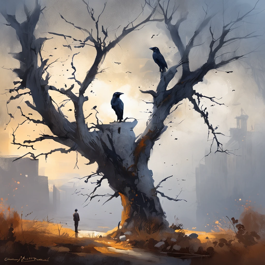 Two crows on a dead tree, A shadow shaped like a walker, Starry night, Thick fog on the ground, Blue light on the horizon, Unreal Engine 5, Cinematic, low angle photography, Motion blur, Depth of field, Dust, Cobblestones and dirt. Splash Art, dripping paint. Perfect color grading. Influenced by Karel Appel and Jeremy Mann, Full of dramatic and threatening scenes, Hyper-detailed, Beautiful, insanely details, Intricate details, editorial photography, shot with a 50mm lens, Depth of field, Tilt Blur, Shutter speed 1/1000, f/22. Lightmaps, Super bright