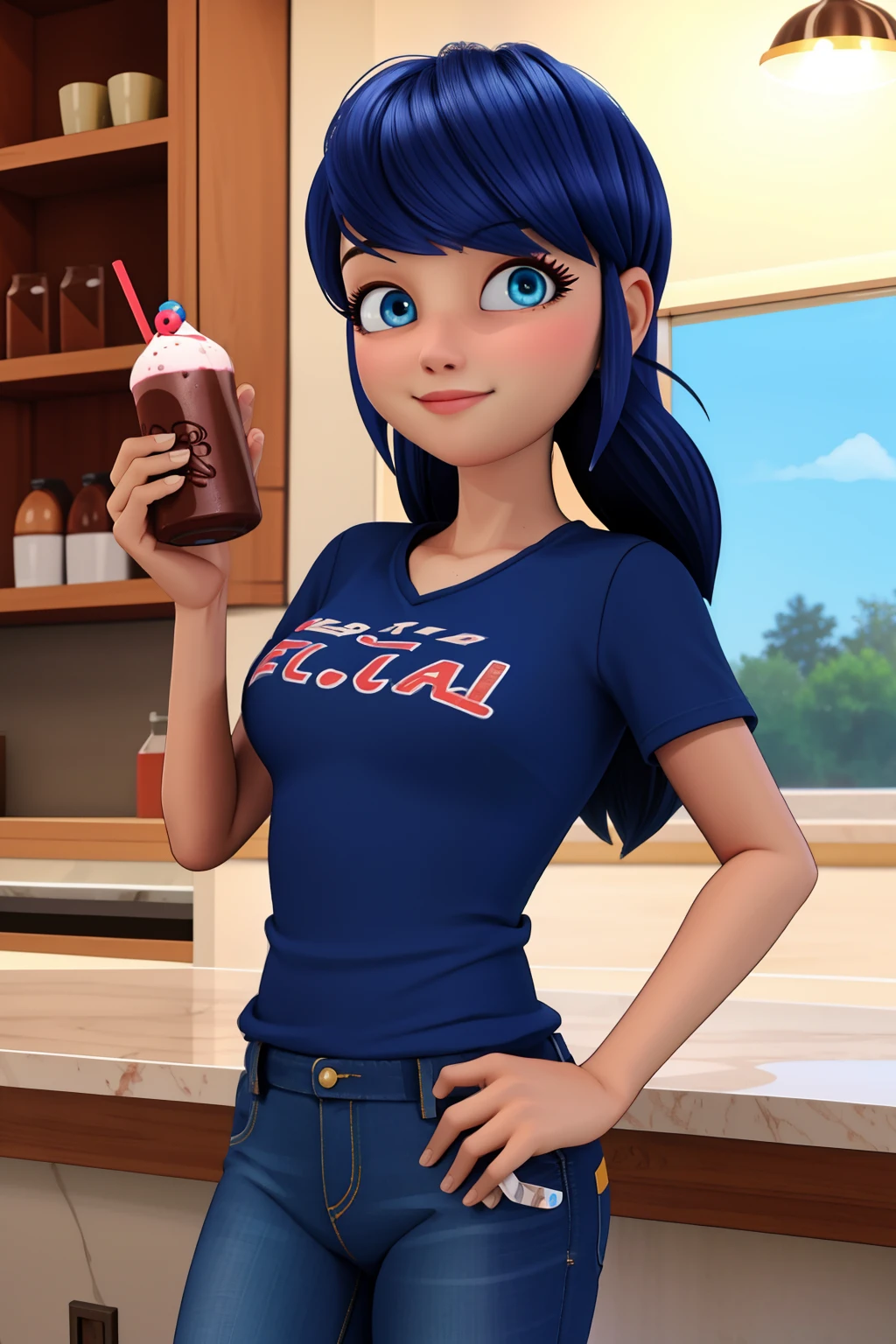 (8k, RAW photo, best quality, masterpiece:1.2), (intricate details), perfect eyes, perfect face, perfect lighting, beautiful, (masterpiece:1.2), (best quality:1.2), 1girl, solo, marinette, blue hair, ((long hair down)), adult torso, 17 years old, slight smile, medium sized breasts, (jeans, red t-shirt), holding a chocolate milkshake, cowboy shot, 3DMM