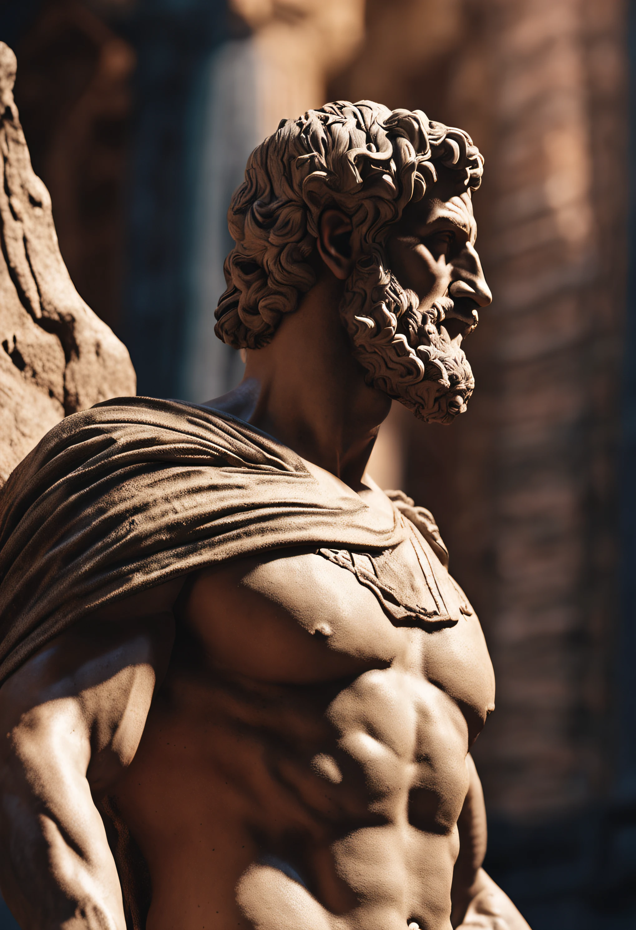 stoic gricki stock
which is historic greek status with
muscles in profile Hercules style
cinematic 8k and dark background