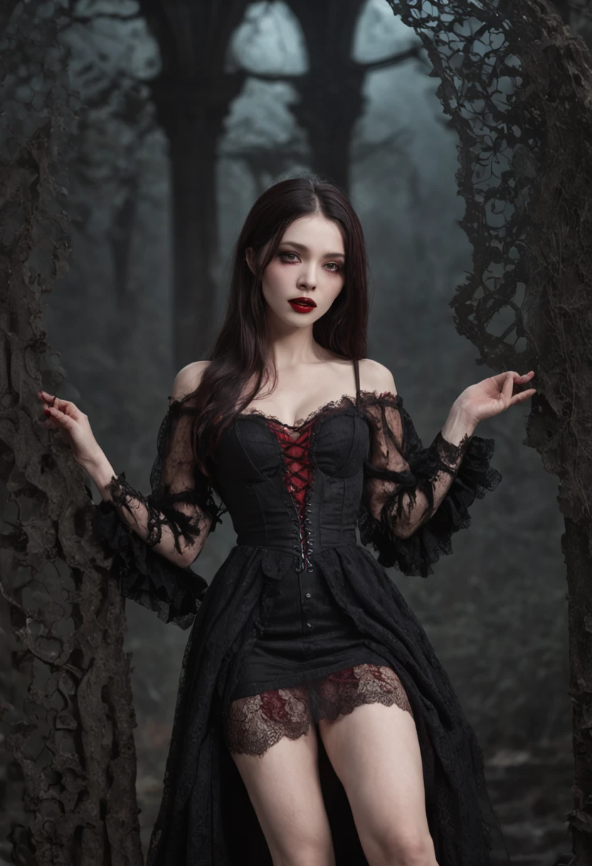 1 Vampires, (Female:0.8), poison fangs, Blood, Neck bites, Pale skin, intense eyes, Seductive expression, (Blood dripping:1.2), (Erotic atmosphere:1.3), Dark hair, Long flowing hair, (Black lace dress:1.2), (cropped shoulders:0.9), (Red corset:1.1), (Torn clothing:0.8), (Seductive pose:1.2), (Moaning:1.4), (Moonlight:1.3), (gothic environment:1.2), (haunting background:1.1), (lifting one leg:1.2), (Glossy lips:0.9), (Whisper sweetly:1.2), (sensual lighting:1.3), (Long nails:1.1), (Heavy atmosphere:1.2), (A lingering touch:1.3), (Erotic tension:1.4).