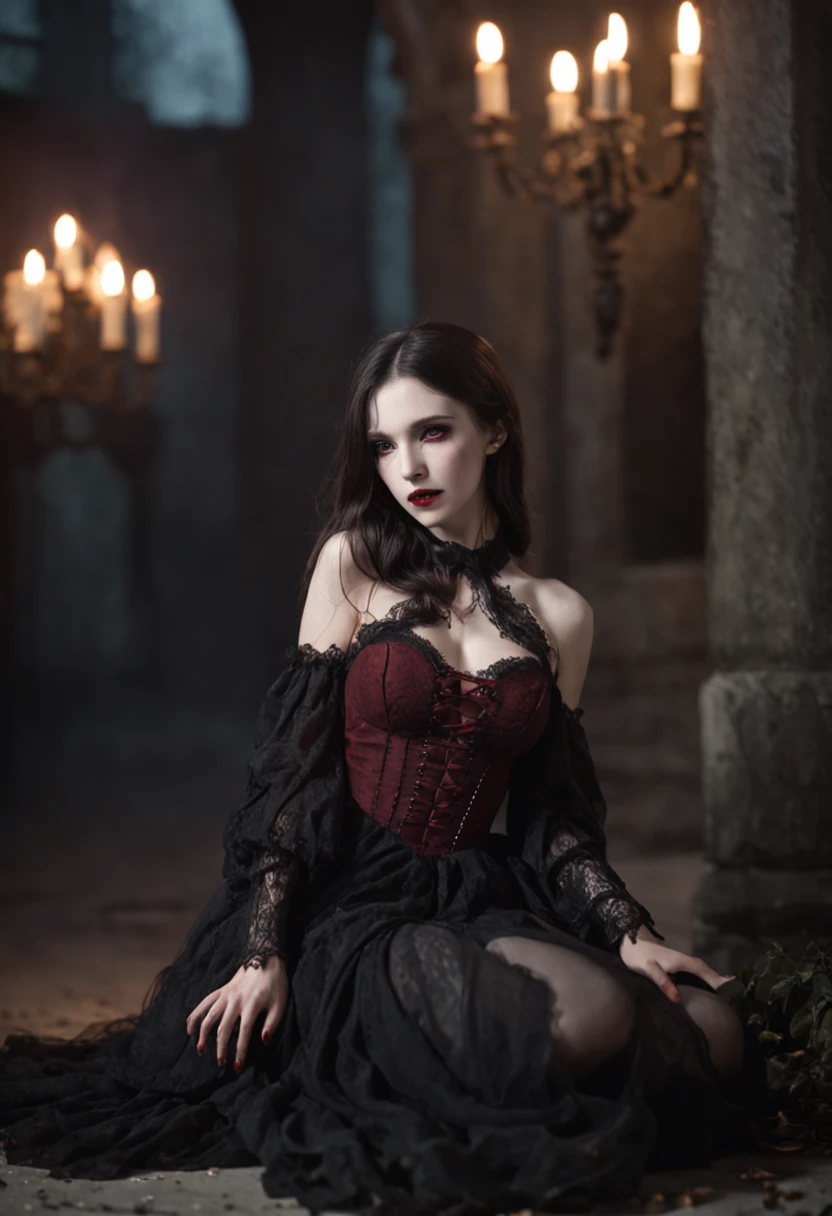 1 Vampires, (Female:0.8), poison fangs, Blood, Neck bites, Pale skin, intense eyes, Seductive expression, (Blood dripping:1.2), (Erotic atmosphere:1.3), Dark hair, Long flowing hair, (Black lace dress:1.2), (cropped shoulders:0.9), (Red corset:1.1), (Torn clothing:0.8), (Seductive pose:1.2), (Moaning:1.4), (Moonlight:1.3), (gothic environment:1.2), (haunting background:1.1), (lifting one leg:1.2), (Glossy lips:0.9), (Whisper sweetly:1.2), (sensual lighting:1.3), (Long nails:1.1), (Heavy atmosphere:1.2), (A lingering touch:1.3), (Erotic tension:1.4).