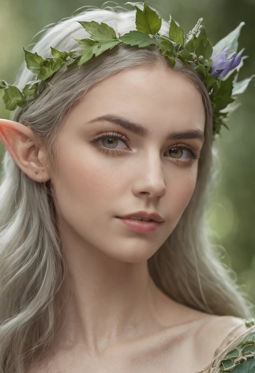 In this portrait of an elven woman, the focus is on intricate details and sharpness, highlighting her enchanting elf ears. The background features a bokeh effect, creating a dreamy and ethereal ambiance of a forest. The artwork captures the grace and allure of the elven character, showcasing the beauty of nature and fantasy in harmonious union.