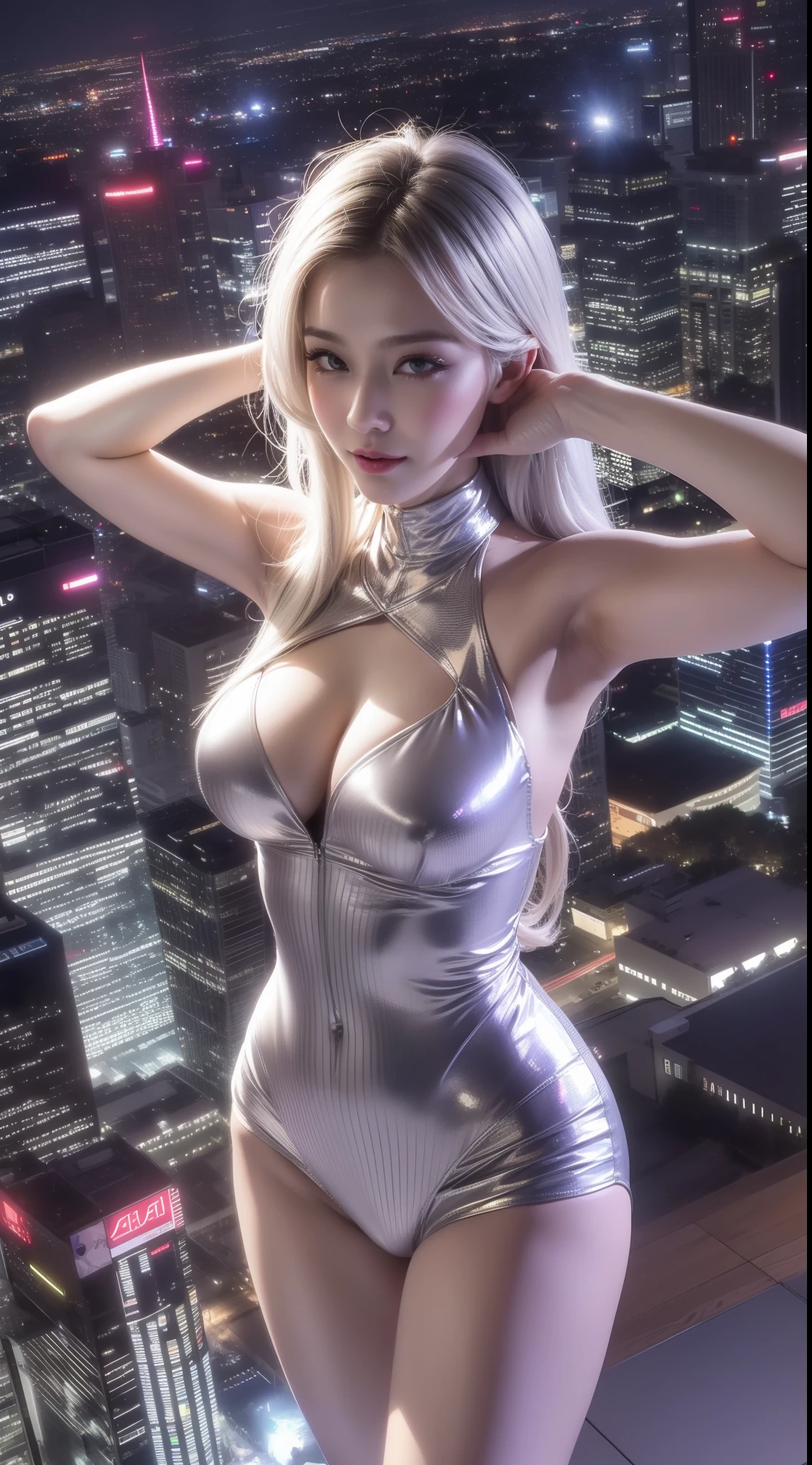 （tmasterpiece、Need、Ultra-delicate、A high resolution），(((She has long silver hair，A meticulous face，Nice face，The face of a human woman：1.6)))，(((Female giant)))，(The body is made of silver，The arms present a streamlined design，Looks tall and thin，The overall shape is streamlined and modern)，(stand posture)，posed for photo，high-angle，nigth，city ruins，background detail，（（（full bodyesbian））），From above，独奏，(((Solo dance)))，(((Huge feeling)))