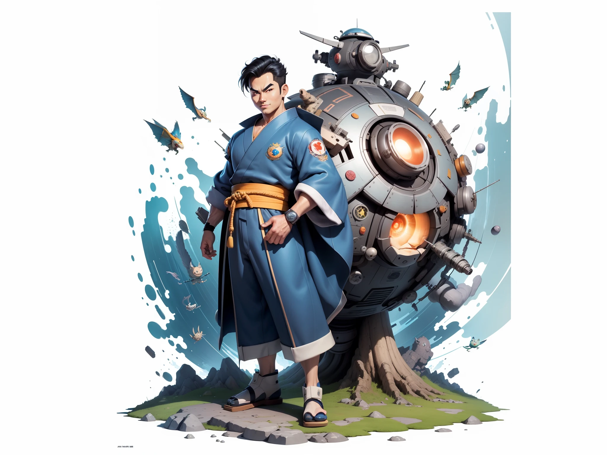 (Masterpiece), (Excellent), (Super Meticulous), (Full Body: 1.2), Super Young Man, Oriental Face, Japanese Kimono, Japanese Wind Thunder God, Dragon, Tiger, TV Anchor, Bust Portrait Illustration, Alone, Black Suit, Blue Tie, Slightly Chubby Face, Very Clean Face, No Beard, Black Super Short Hair, Black Eyes, Confident Smile, 3c Computer Sub-Products, iPad, iPhone, Digital Painting, 3D Character Design by Akira Toriyama and Mark Claireden and Pixar and Hayao Miyazaki, The illustration is a high-definition illustration in 4K resolution with very detailed facial features and cartoon-style visuals.