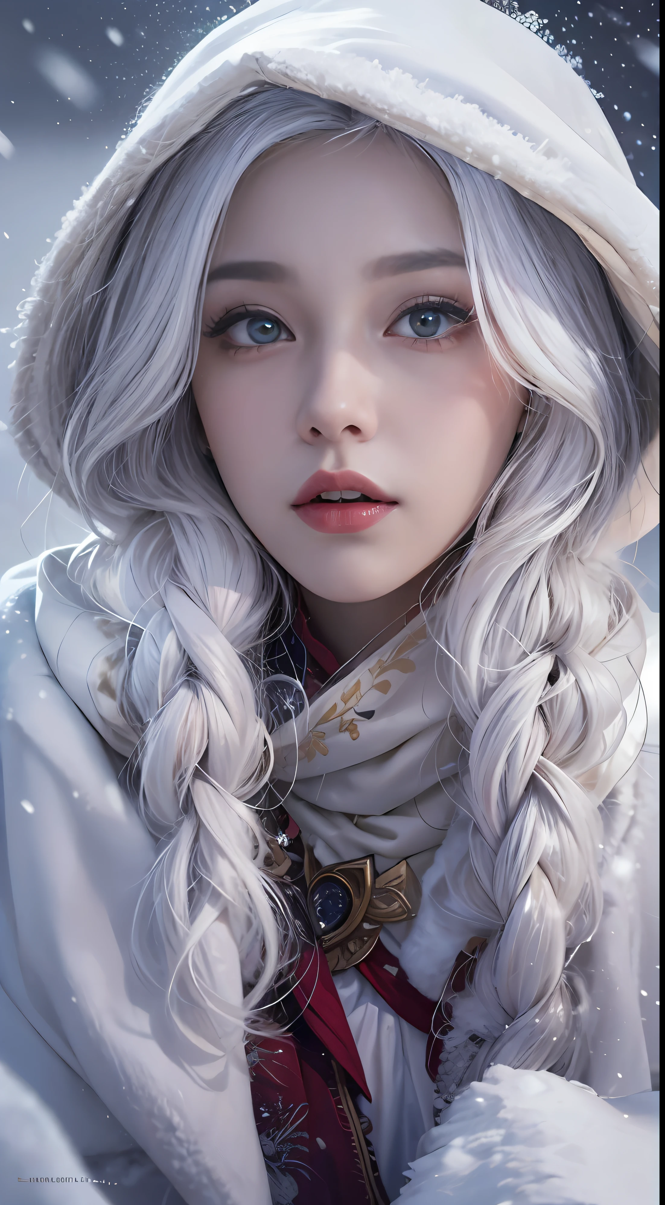 (8K)，Photorealistic, high resolution, 1 Women, Solo, (Lolita costume)， Beautiful eyes, White hair, ringed eyes, (sitted，Cloak，Cover with snow)，snowfield，