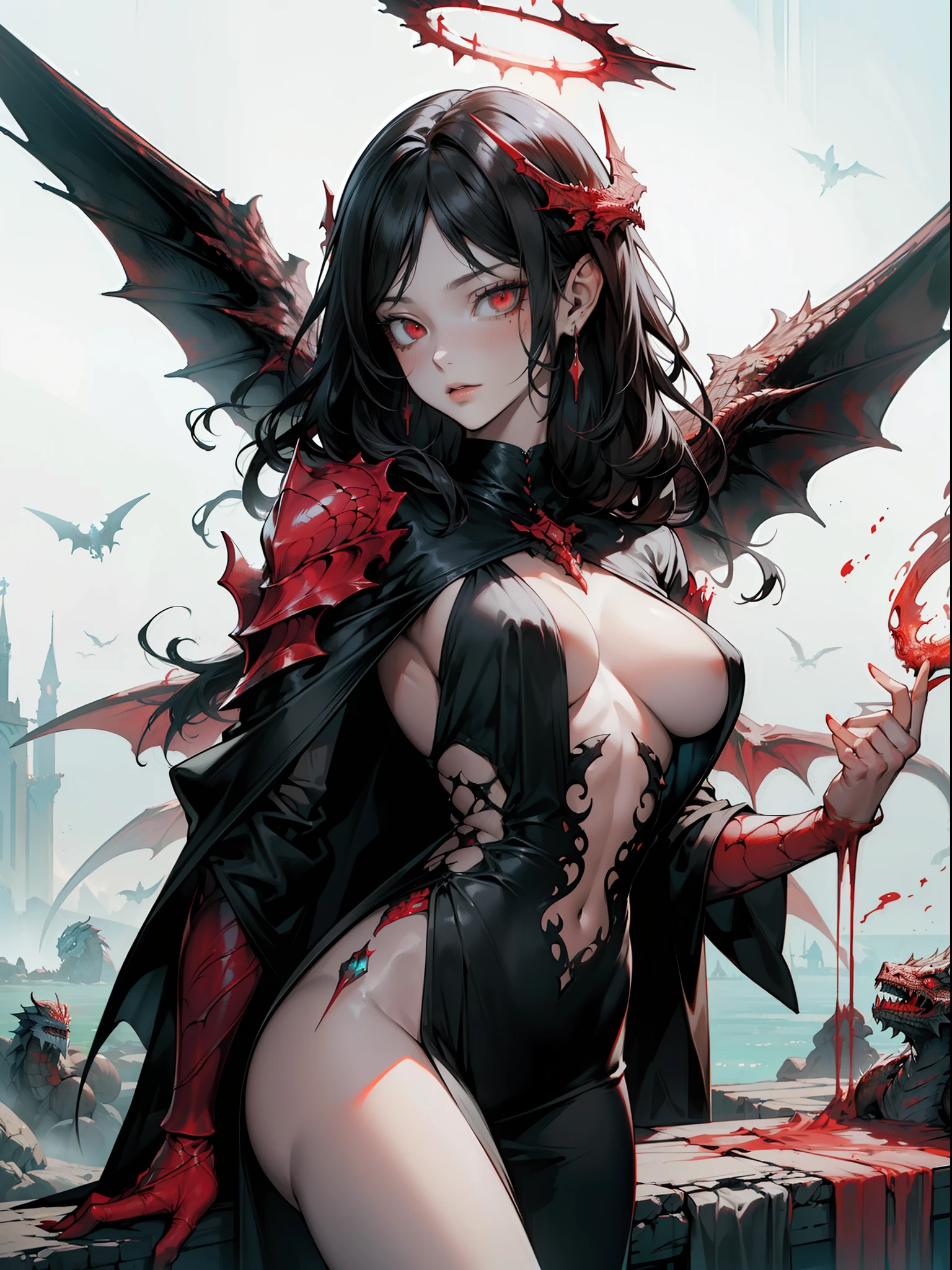 ((sfw)),(masterpiece, best quality), 1lady, solo, (white Scales, scaly body), halo, wings,fallen angel, black hair, loose waves, red eyes, (dragon, art by hermann nitsch, zdzislaw beksinski, dariusz zawadzki, giger),fully cover,no exposed body