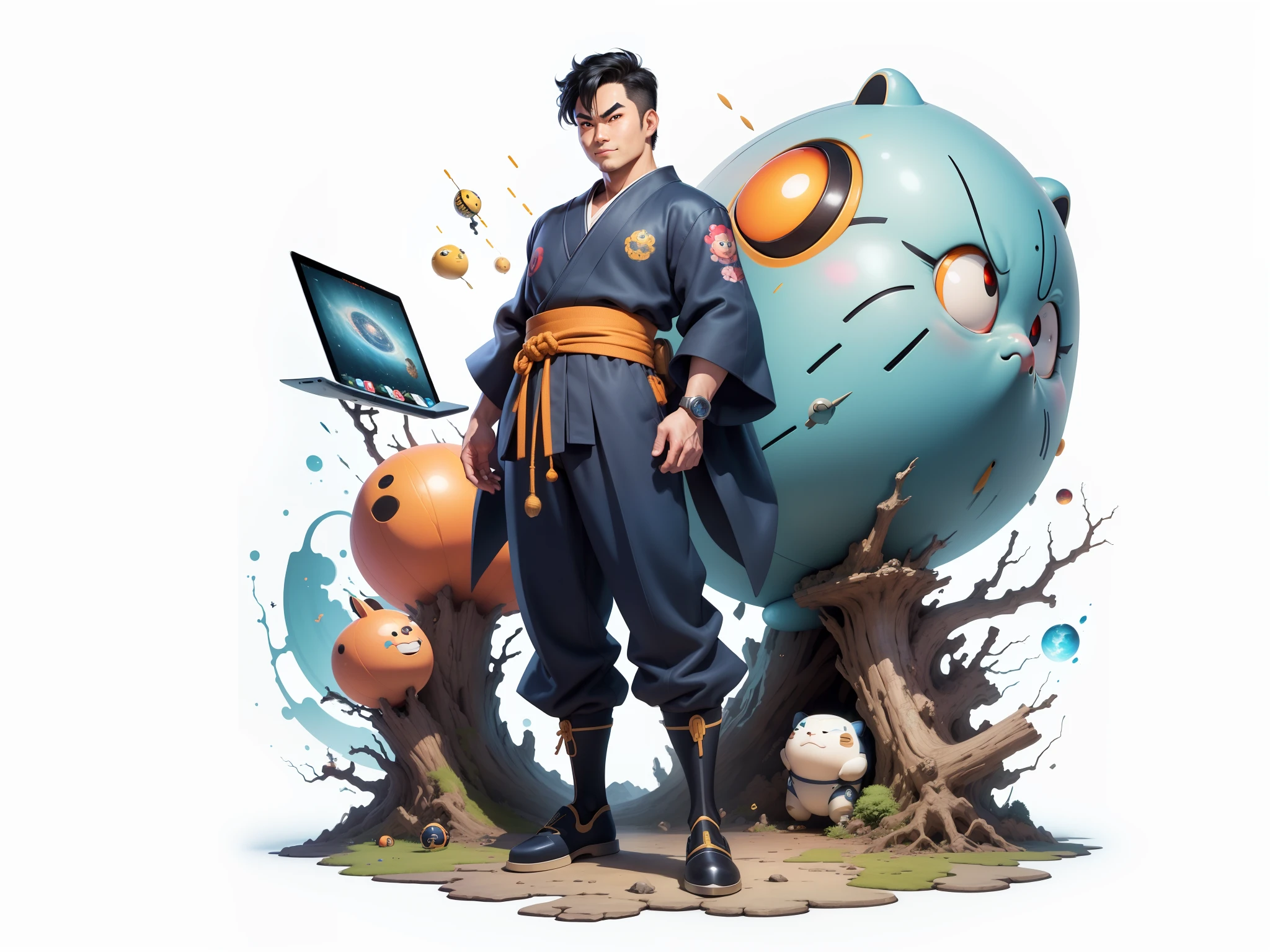(Masterpiece), (Excellent), (Super Meticulous), (Full Body: 1.2), Super Young Man, Oriental Face, Japanese Kimono, Japanese Wind Thunder God, Dragon, Tiger, TV Anchor, Bust Portrait Illustration, Alone, Black Suit, Blue Tie, Slightly Chubby Face, Very Clean Face, No Beard, Black Super Short Hair, Black Eyes, Confident Smile, 3c Computer Sub-Products, iPad, iPhone, Digital Painting, 3D Character Design by Akira Toriyama and Mark Claireden and Pixar and Hayao Miyazaki, The illustration is a high-definition illustration in 4K resolution with very detailed facial features and cartoon-style visuals.