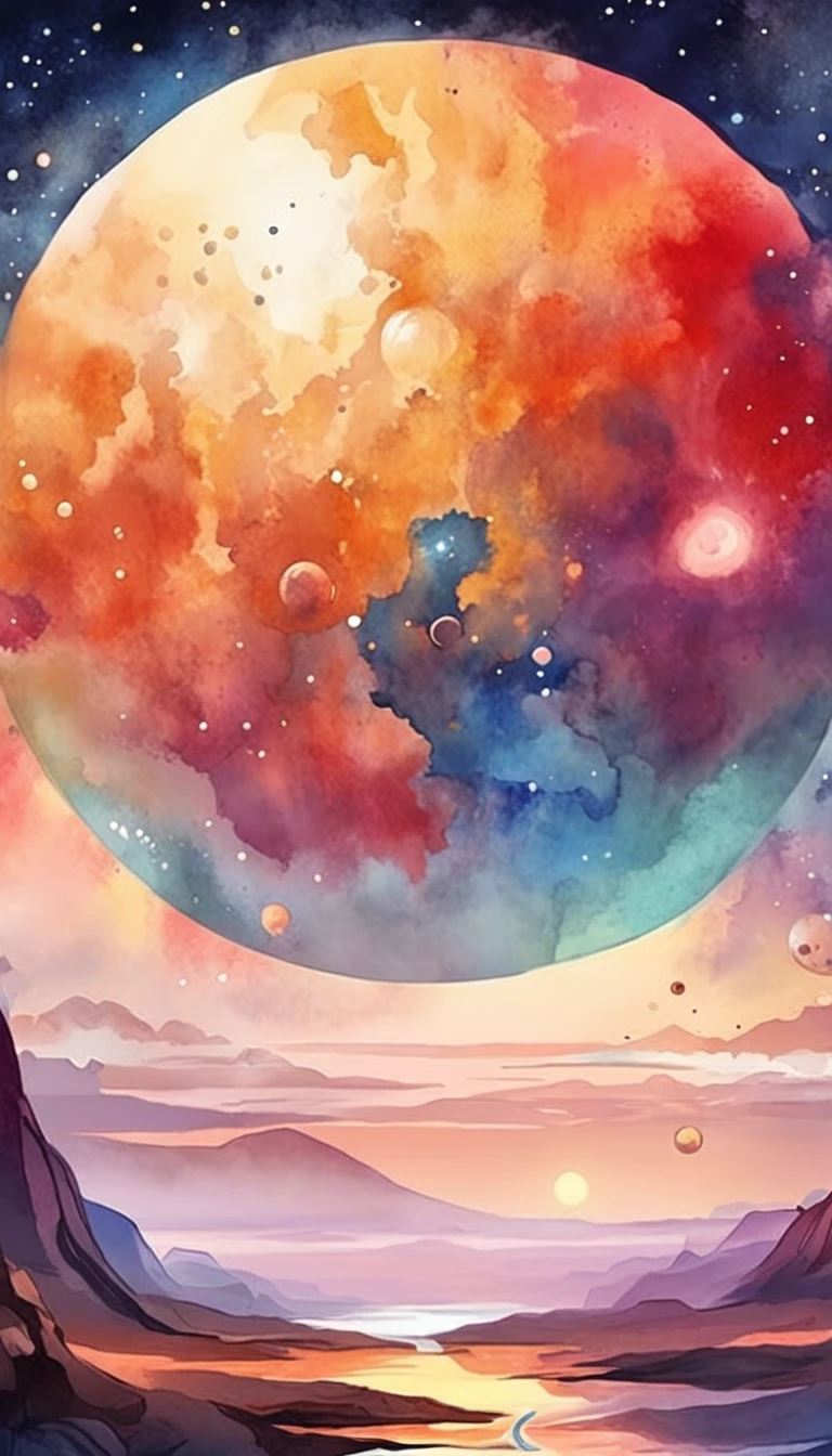 Colorful futuristic space illustration,There's a planet in the middle, a beautiful artwork illustration