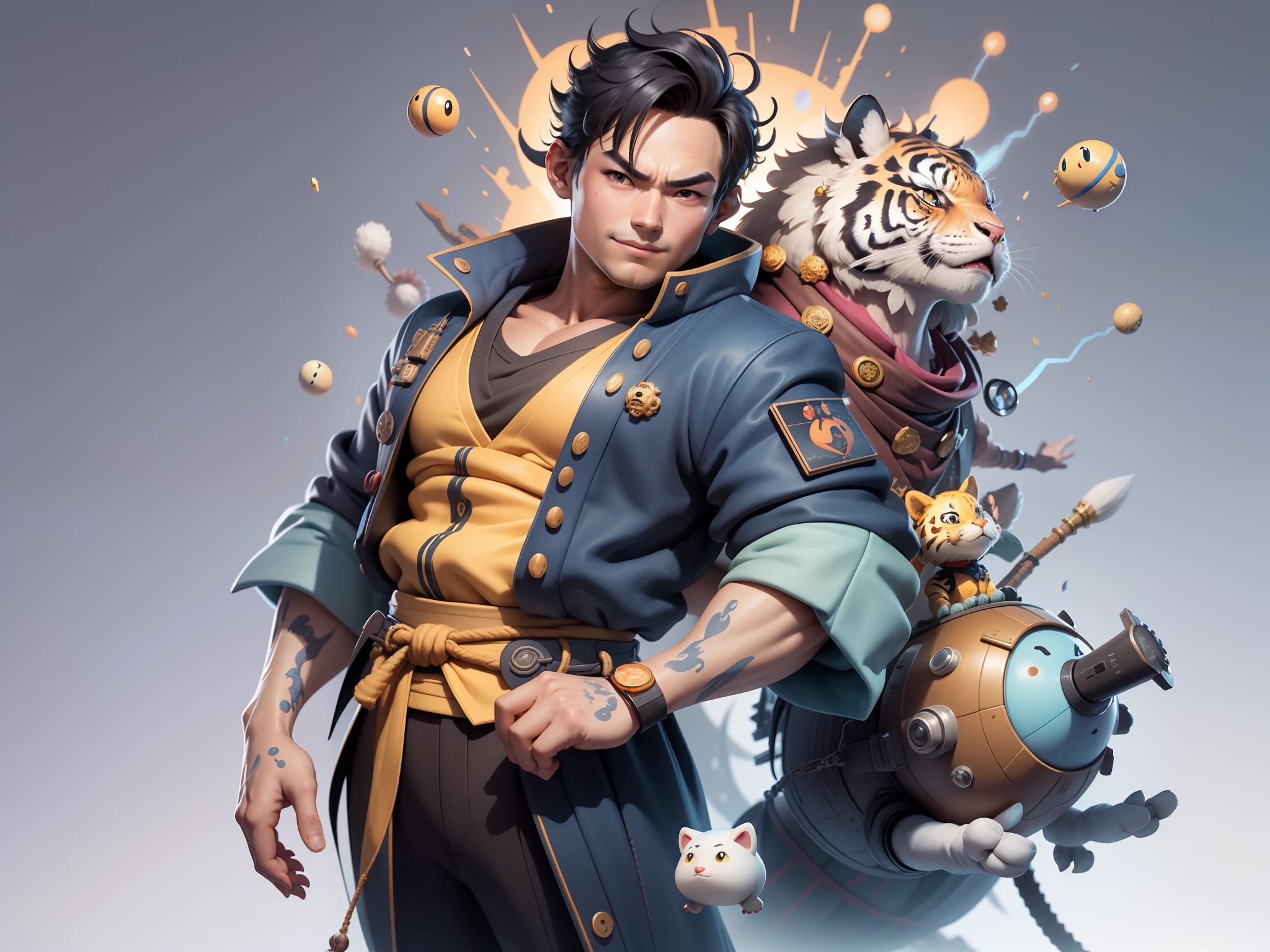 (Masterpiece), (Excellent), (Super Meticulous), (Full Body: 1.2), Super Young Man, Oriental Face, Japanese Kimono, Japanese Wind Thunder God, Dragon, Tiger, TV Anchor, Bust Portrait Illustration, Alone, Black Suit, Blue Tie, Slightly Chubby Face, Very Clean Face, No Beard, Black Super Short Hair, Black Eyes, Confident Smile, 3c Computer Sub-Products, iPad, iPhone, Digital Painting, 3D Character Design by Akira Toriyama and Mark Claireden and Pixar and Hayao Miyazaki, The illustration is a high-definition illustration in 4K resolution with very detailed facial features and cartoon-style visuals.
