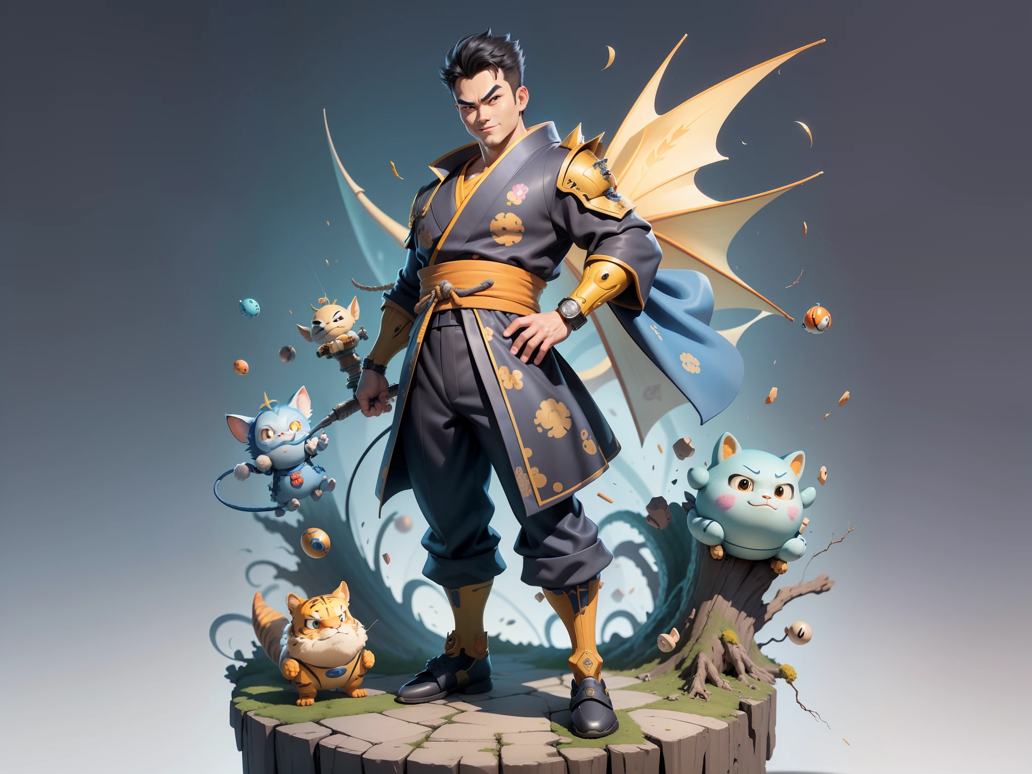(Masterpiece), (Excellent), (Super Meticulous), (Full Body: 1.2), Super Young Man, Oriental Face, Japanese Kimono, Japanese Wind Thunder God, Dragon, Tiger, TV Anchor, Bust Portrait Illustration, Alone, Black Suit, Blue Tie, Slightly Chubby Face, Very Clean Face, No Beard, Black Super Short Hair, Black Eyes, Confident Smile, 3c Computer Sub-Products, iPad, iPhone, Digital Painting, 3D Character Design by Akira Toriyama and Mark Claireden and Pixar and Hayao Miyazaki, The illustration is a high-definition illustration in 4K resolution with very detailed facial features and cartoon-style visuals.
