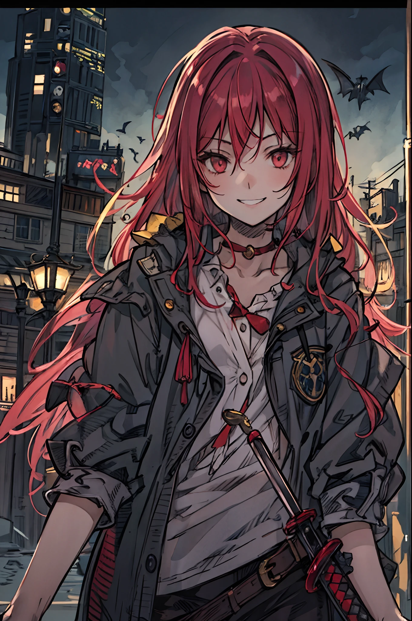Late night downtown、Unpleasant smile of a girl who loves knives、Niccoli holding a survival knife in one hand、Psychopath horror、Red-haired、Dragon's Eye、