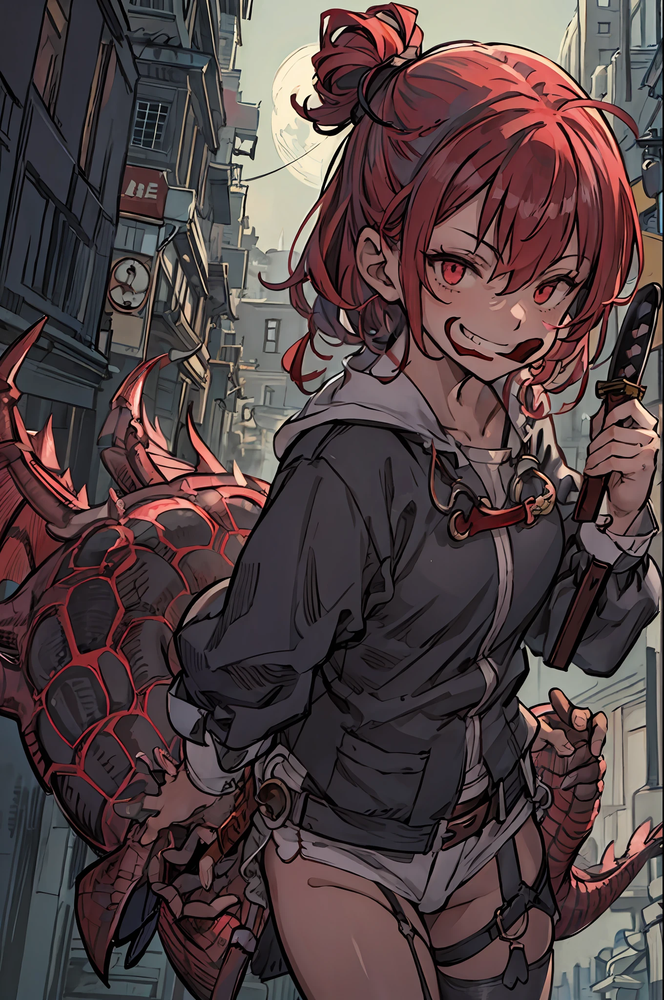 Late night downtown、Unpleasant smile of a girl who loves knives、Niccoli holding a survival knife in one hand、Psychopath horror、Red-haired、Dragon's Eye、