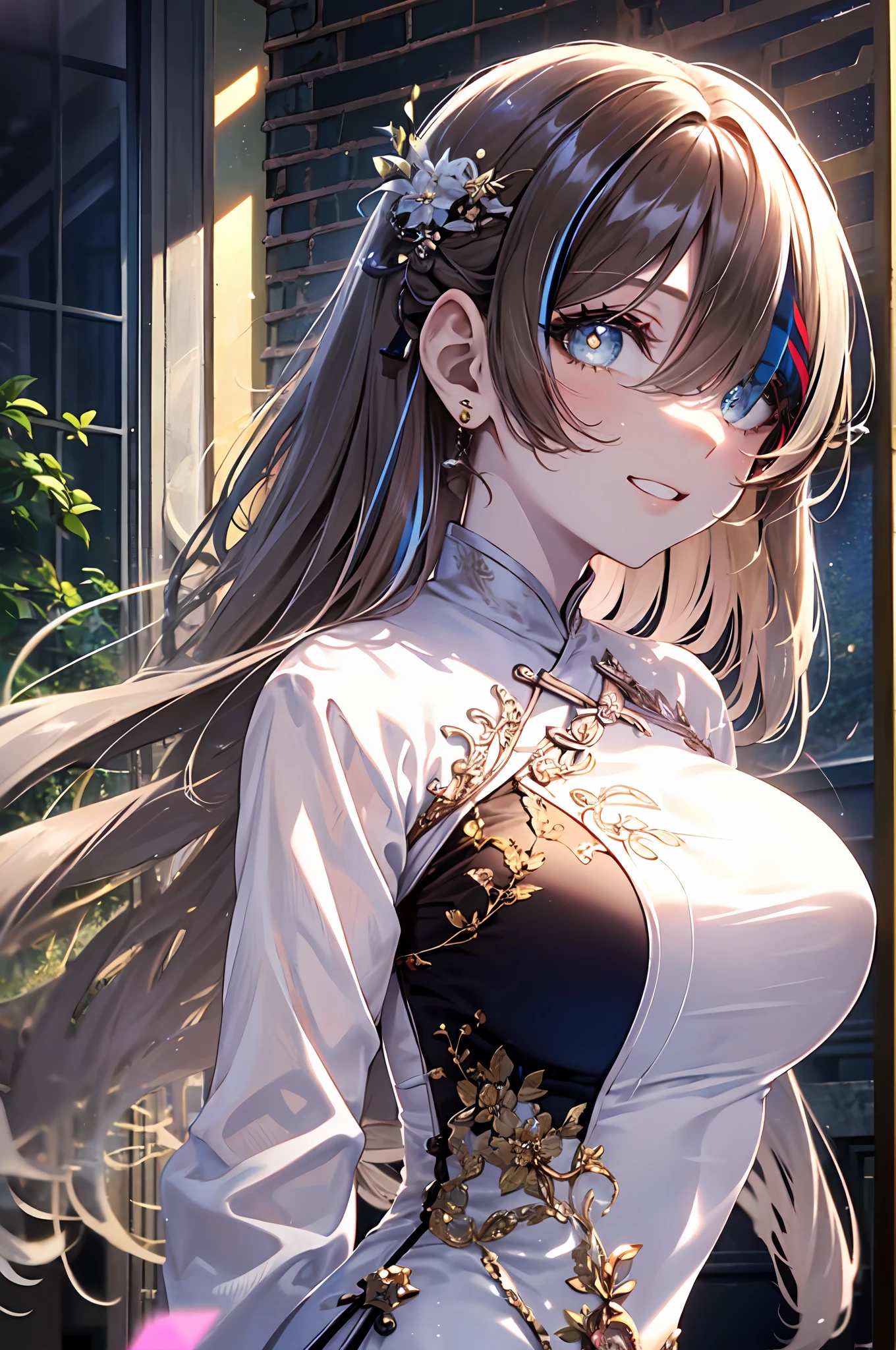 Transcendently Beautiful Girl, (masterpiece face, masterpiece eyes:1.5), BREAK, (long hair, hair over one eye, streaked hair, brown hair:1.3), BREAK, Flat_Chest, Huge_breasts, wide_lower back, grin, long eyelashes, makeup, BREAK, (Five Fingers, 4fingers and 1thumb), (plain white ao dai:1.5), side focus, standing, outdoor, daytime, garden, no wind, Masterpiece, best quality, captures a super cute moment, depth of field, ultra detailed, ultra high resolution, C4D, Octadale, 3D modeling, 8k, 16k,