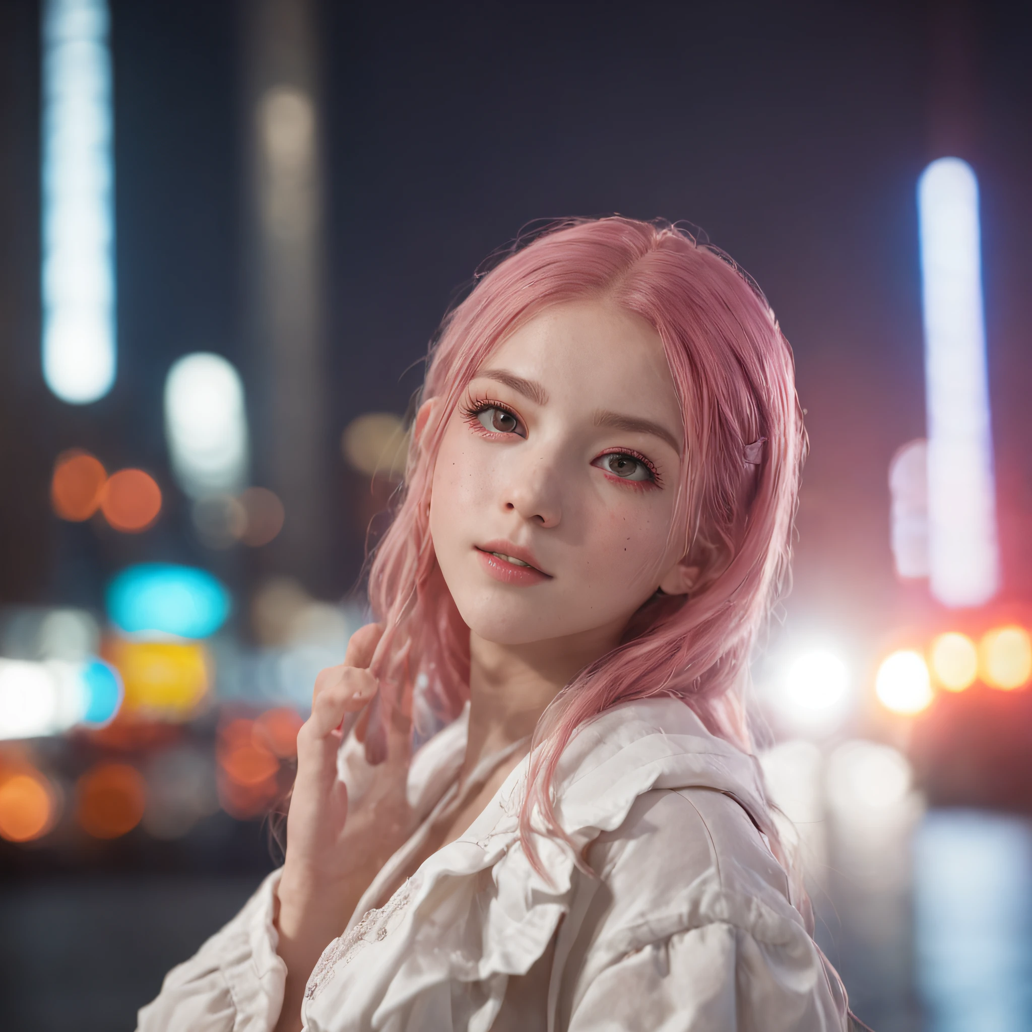 1girl, solo, loli, petite, (very_long_hair), (pink_hair:1.2), braids, (red_eyes), medium_breasts, (white_shirt:1.5), (windbreaker), (off_shoulder:1.2), (portrait), glowing_eyes, background_light, (cityscape:1.5), (neon_lights:1.2), (shushing:1.2),(science), cyberpunk, ((masterpiece)), (highres), (best_quality), (highly_detailed), (original),(Delicate background),(extremely detailed 8K wallpaper),cinematic lighting, volume lighting, light particles, shaded_face, beautiful_detailed_eyes, depth_of_field, perspective,