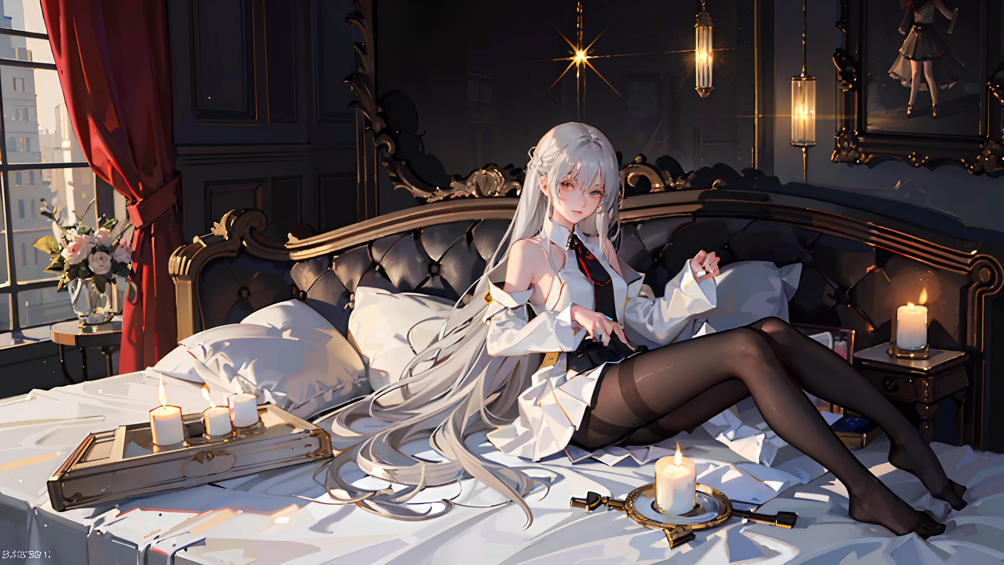 Spread your legs,symetrical composition,s girl,adolable,is shy,ssmile,Close your eyes slightly,White shoulder-length hair,Hairline,Be red in the face,Correct limbs,Right legs,Oily black stockings,Oily white stockings,Classical style red wall,Correct limbs,Short shoulder-length white hair:4,waxy candles:3,Red bedroom:3,Black bed:3,Natural light,窗帘,Ambient(((Half naked anime girl lying on sofa undressing with her hands,,Hands on the upper and lower legs of the naked body,black uniforms,black reotard,Primetime light and shadow black pantyhose)),Ray tracing,(Dim lighting,luz de velas,waxy candles),[Detailed background (Bedroom)),((Silver hair)),((Dark hair)),(((Fluffy silver hair, plump and slender girl)))golden hair,Golden Eyes Avoid seeing golden eyes in an ominous bedroom ((((Girl in white shirt, Take off your black crinkled skirt,Prime hour light and shadow,