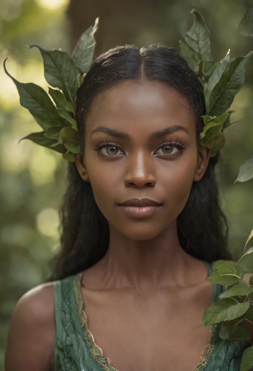 In this portrait of an elven black woman, the focus is on intricate details and sharpness, highlighting her enchanting elf ears. The background features a bokeh effect, creating a dreamy and ethereal ambiance of a forest. The artwork captures the grace and allure of the elven character, showcasing the beauty of nature and fantasy in harmonious union.