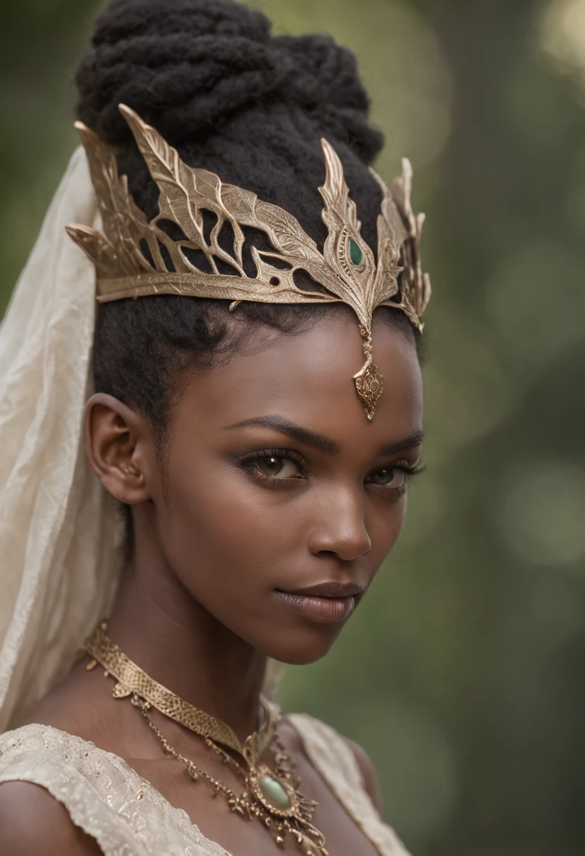 In this portrait of an elven black woman, the focus is on intricate details and sharpness, highlighting her enchanting elf ears. The background features a bokeh effect, creating a dreamy and ethereal ambiance of a forest. The artwork captures the grace and allure of the elven character, showcasing the beauty of nature and fantasy in harmonious union.
