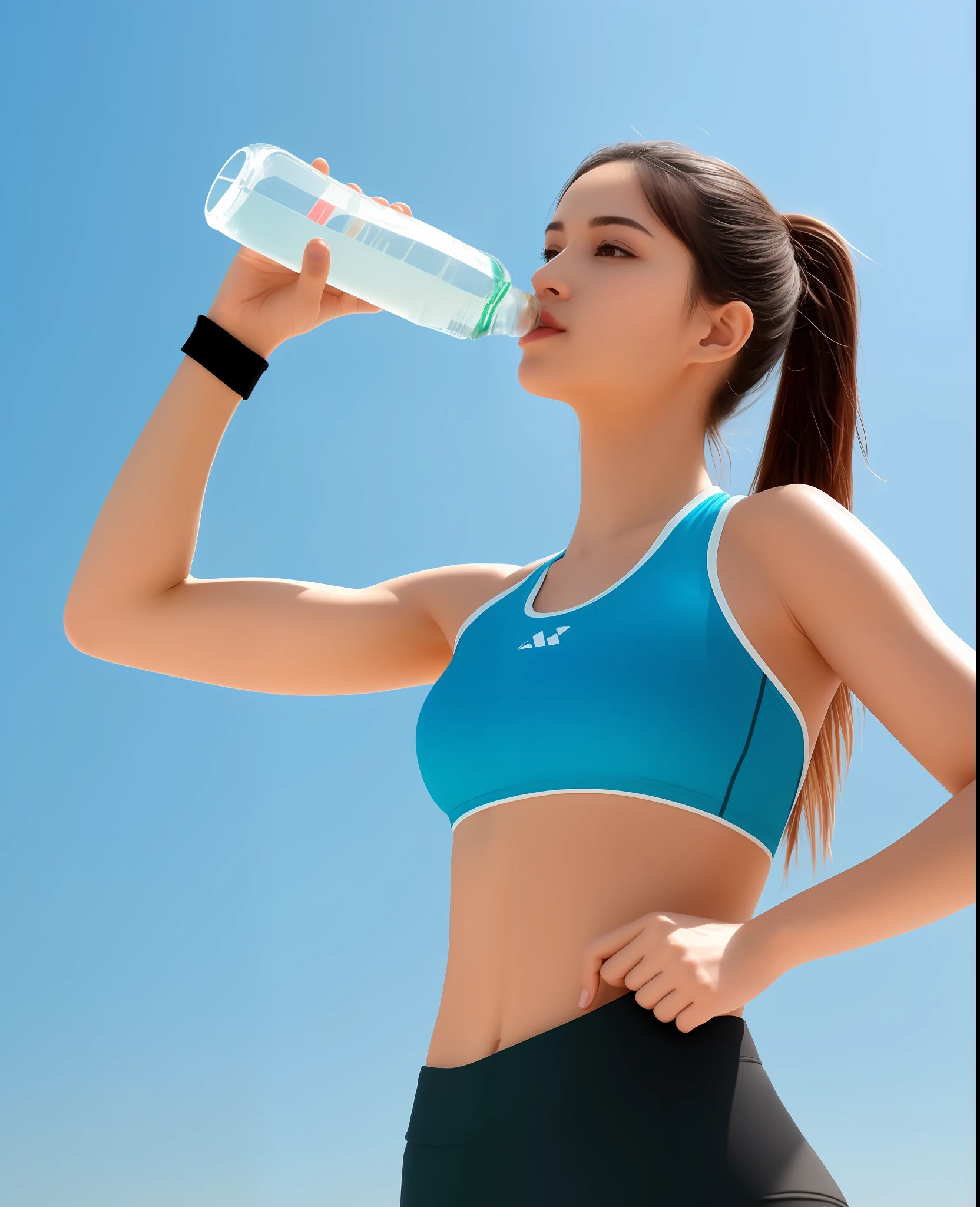 Beautiful woman arafed drinking water from a bottle while standing on a beach, water to waist, hydration, water, mulher em forma, muita sede, transhumanist hydration, peacefully drinking river water, water in background, menina em forma, water bottels, water water, athletic muscle tone, segurando uma garrafa, Clima quente, sports bra, filling with water, em um dia ensolarado