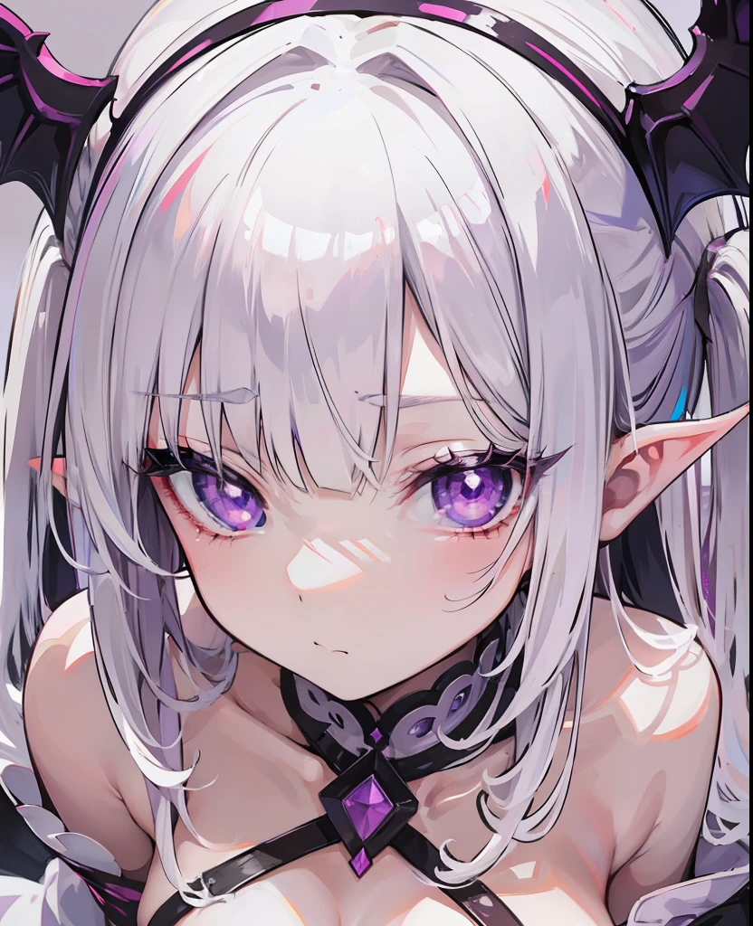Creamy white hair,Deep purple pupils,Cute and seductive succubus girl
