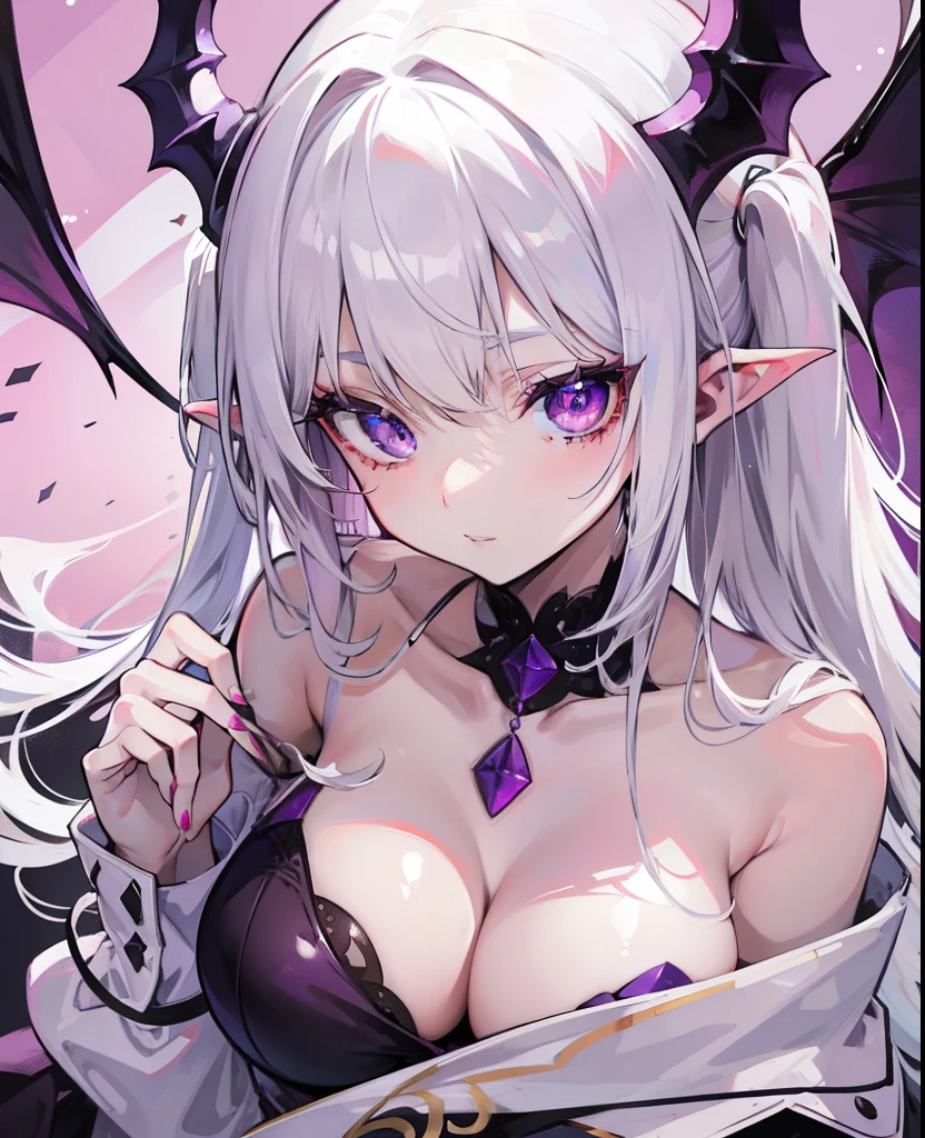 Creamy white hair,Deep purple pupils,Cute and seductive succubus girl