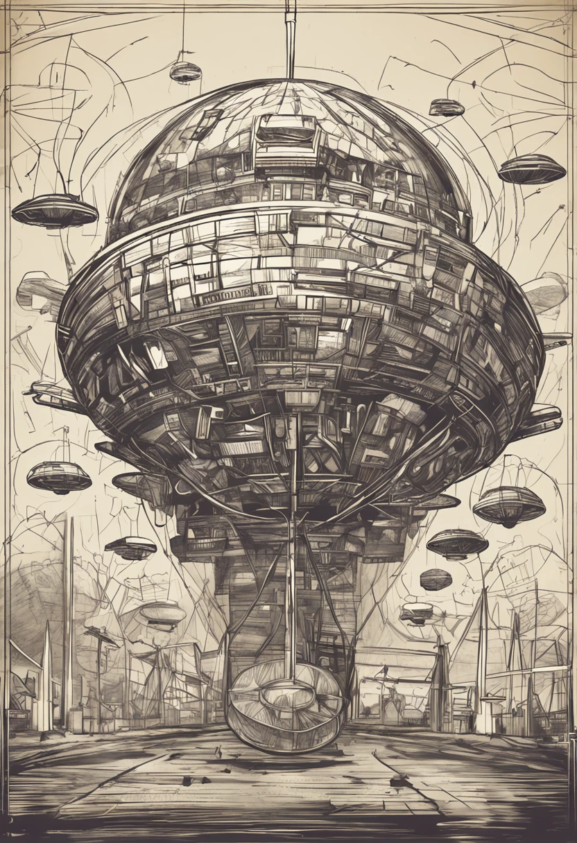 alien spaceship, disco voador, in the style of DaVinci invention sketches, papel velho, esquema, abduction, visualizador de baixo