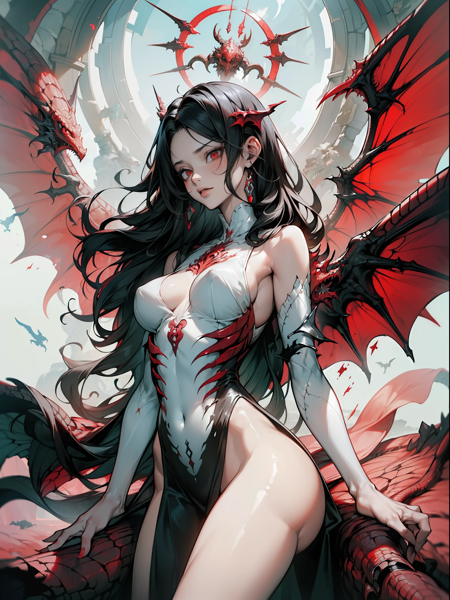 ((sfw)),(masterpiece, best quality), 1lady, solo, (white Scales, scaly body), halo, wings,fallen angel, black hair, loose waves, red eyes, (dragon, art by hermann nitsch, zdzislaw beksinski, dariusz zawadzki, giger),fully cover,no exposed body