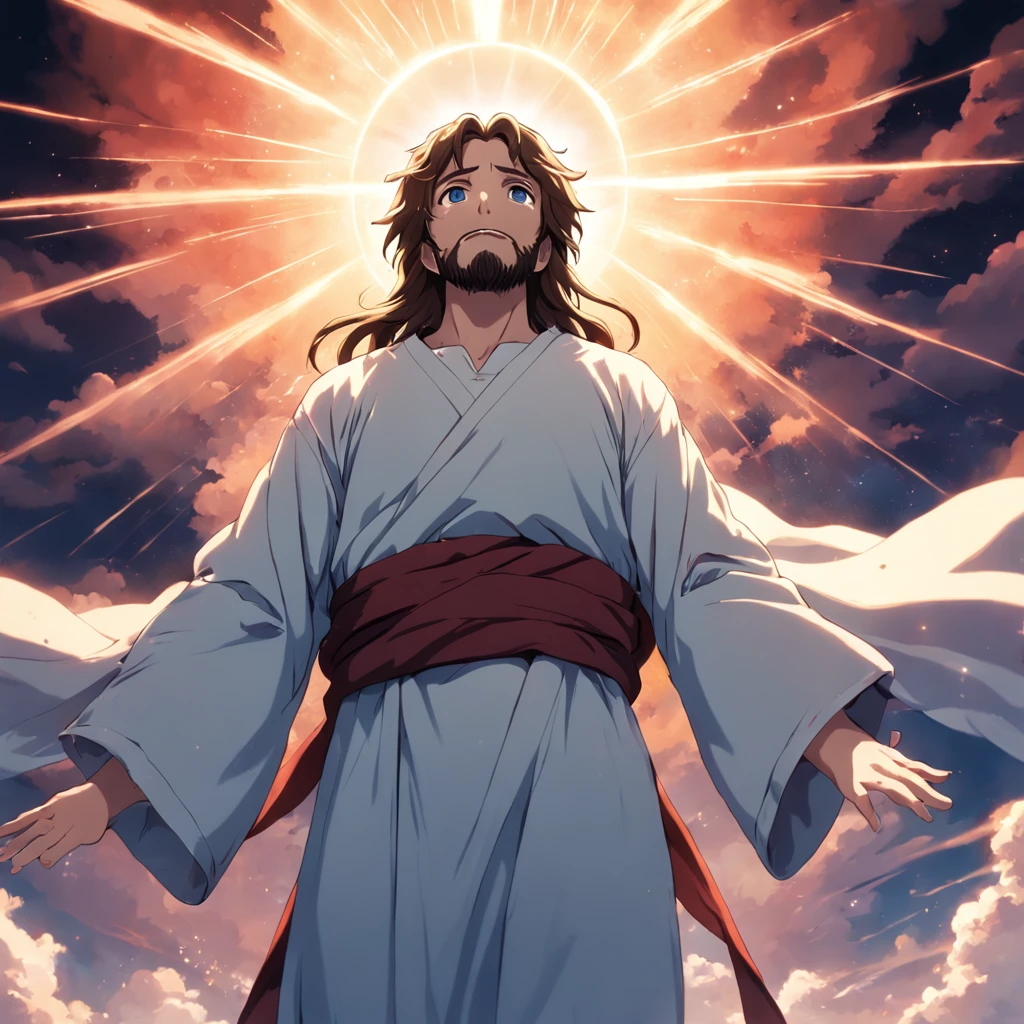 a photograph of Jesus looking up to heaven, anime art