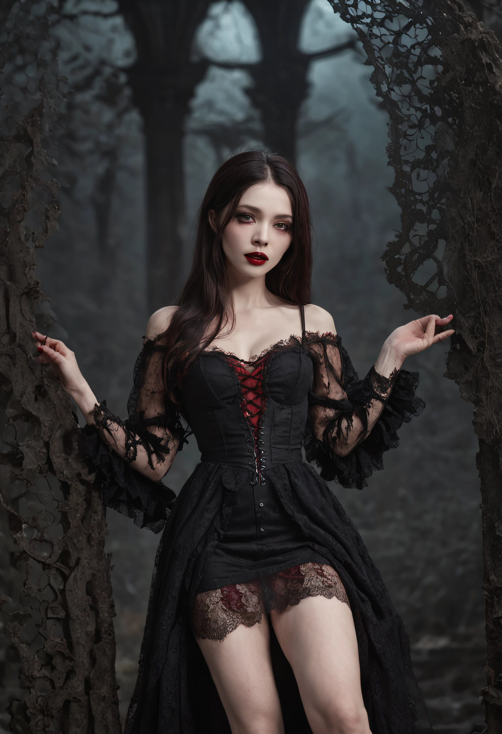 1 Vampires, (Female:0.8), poison fangs, Blood, Neck bites, Pale skin, intense eyes, Seductive expression, (Blood dripping:1.2), (Erotic atmosphere:1.3), Dark hair, Long flowing hair, (Black lace dress:1.2), (cropped shoulders:0.9), (Red corset:1.1), (Torn clothing:0.8), (Seductive pose:1.2), (Moaning:1.4), (Moonlight:1.3), (gothic environment:1.2), (haunting background:1.1), (lifting one leg:1.2), (Glossy lips:0.9), (Whisper sweetly:1.2), (sensual lighting:1.3), (Long nails:1.1), (Heavy atmosphere:1.2), (A lingering touch:1.3), (Erotic tension:1.4).