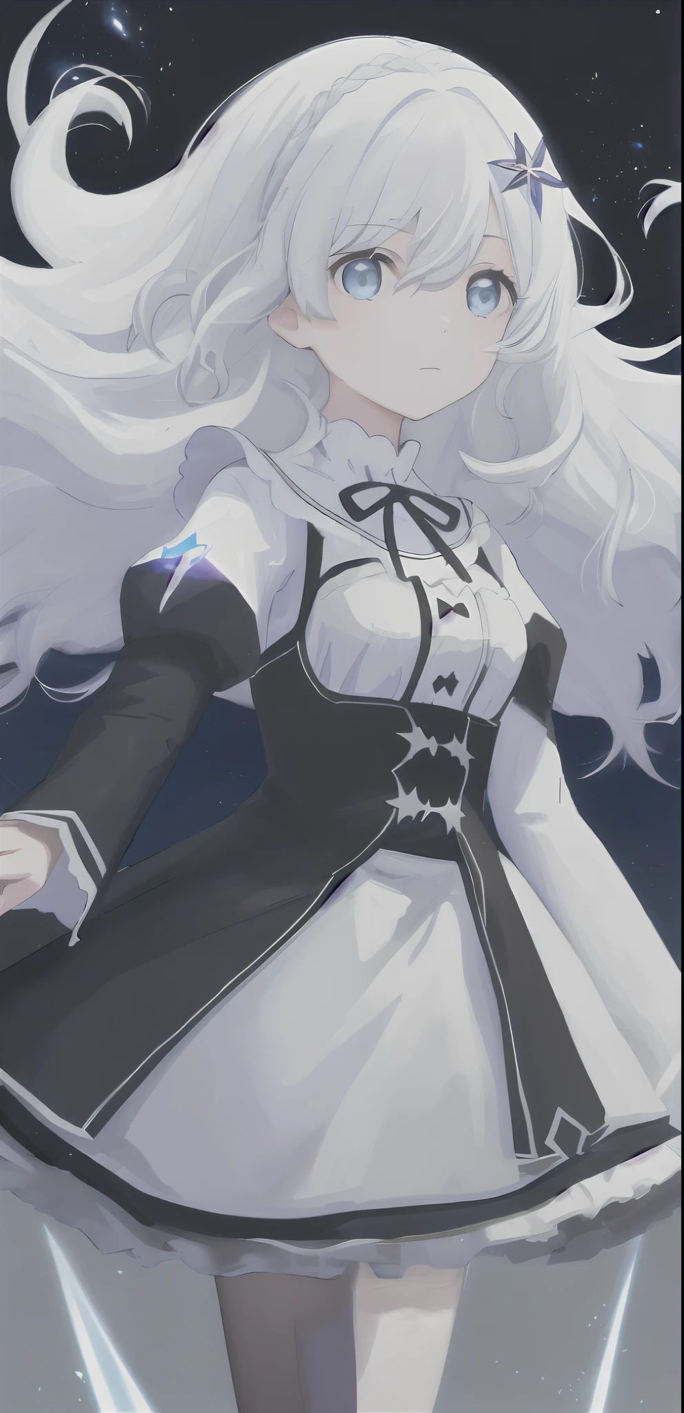 (best quality, masterpiece:1.2) 1girl, solo, looking at viewer, blue eyes, upper body, closed mouth, star \(symbol\), floating hair, white shirt, black background, long hair, bangs, star hair ornament, white hair, breasts, expressionless, light particles