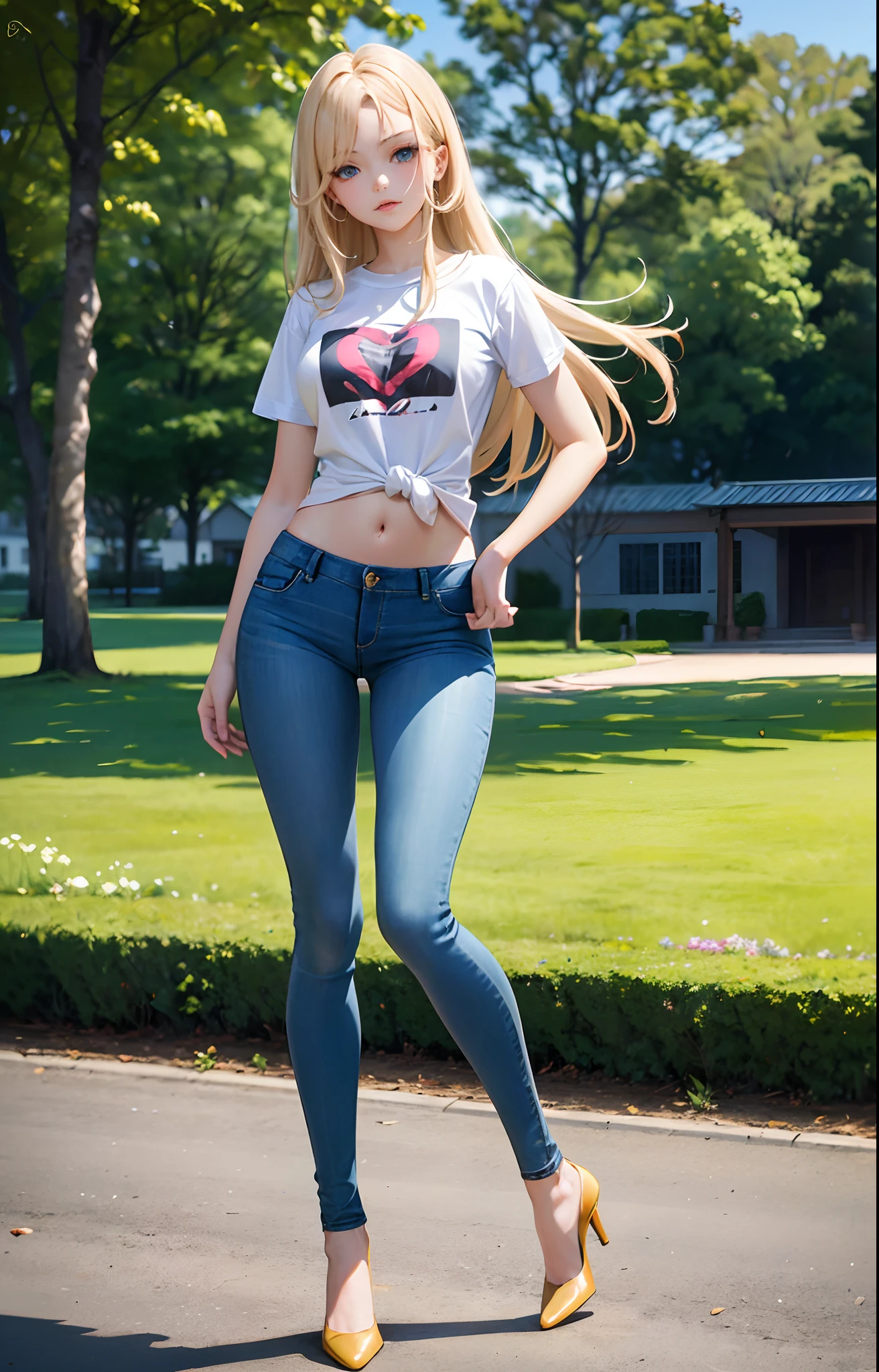 masterpiece, extremery magnificent view, perspective, extremery best quality, extremery detailed CG, 8k wallpaper, high resolution, highly detaiiled face, highly detailed eyes, perfect anatomy, super detailed skin,
(dynamic angle, dynamic pose:1.2), outdoors, park, tree and lake, (portrait, legs focus, full body), (beautiful face, beautiful eyes, beautiful legs:1.3),
1 girl, solo, (t-shirts, skinny jeans:1.3), medium breasts, blonde hair, long hair, floating hair, straight hair, open forehead, parted bangs, blue eyes, (navel, :0.8), skinny, slender, big hips, thin waist
